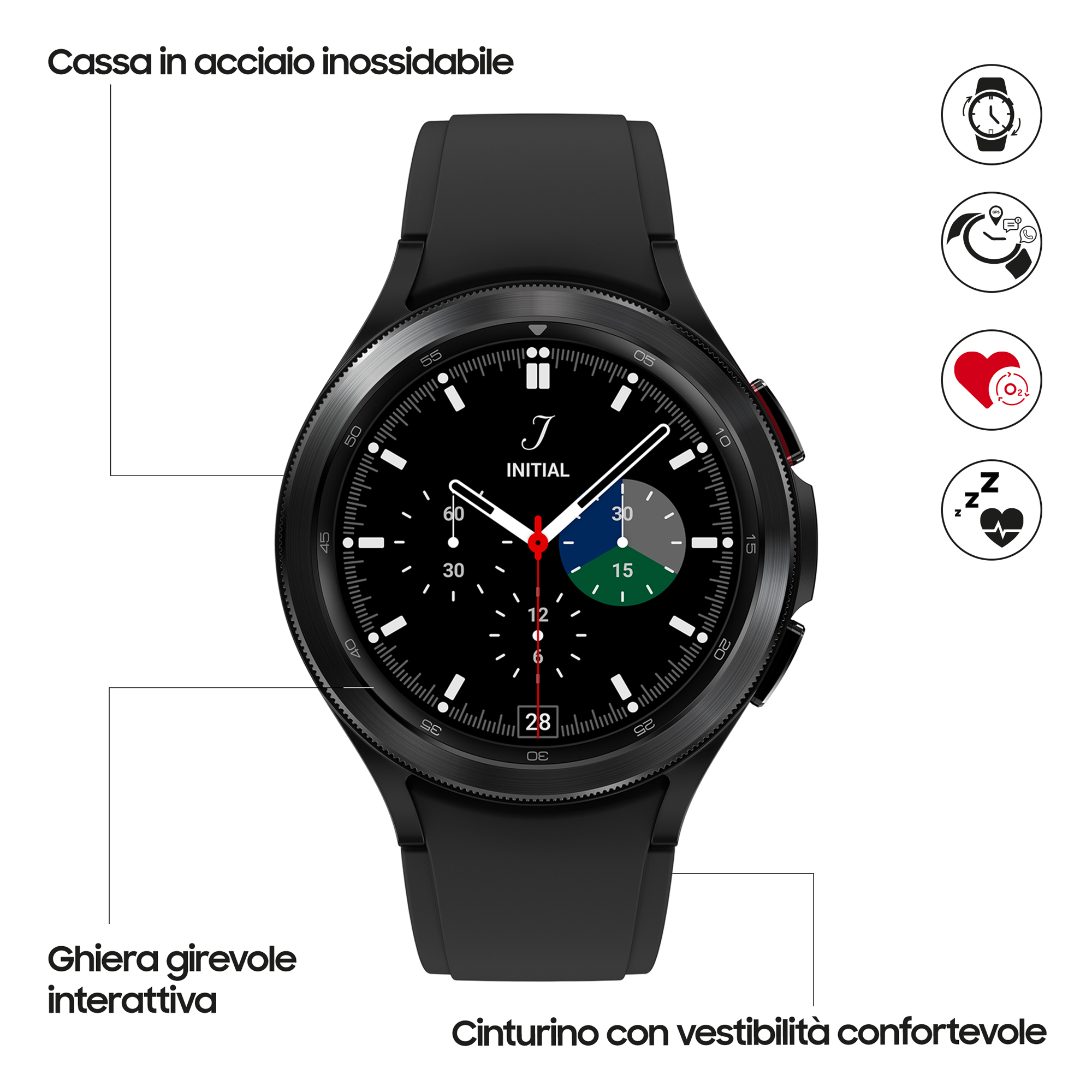 Schwarze Smartwatch mit interaktiver Lünette und bequemem Armband. Funktionen: Zeit, Gesundheit.