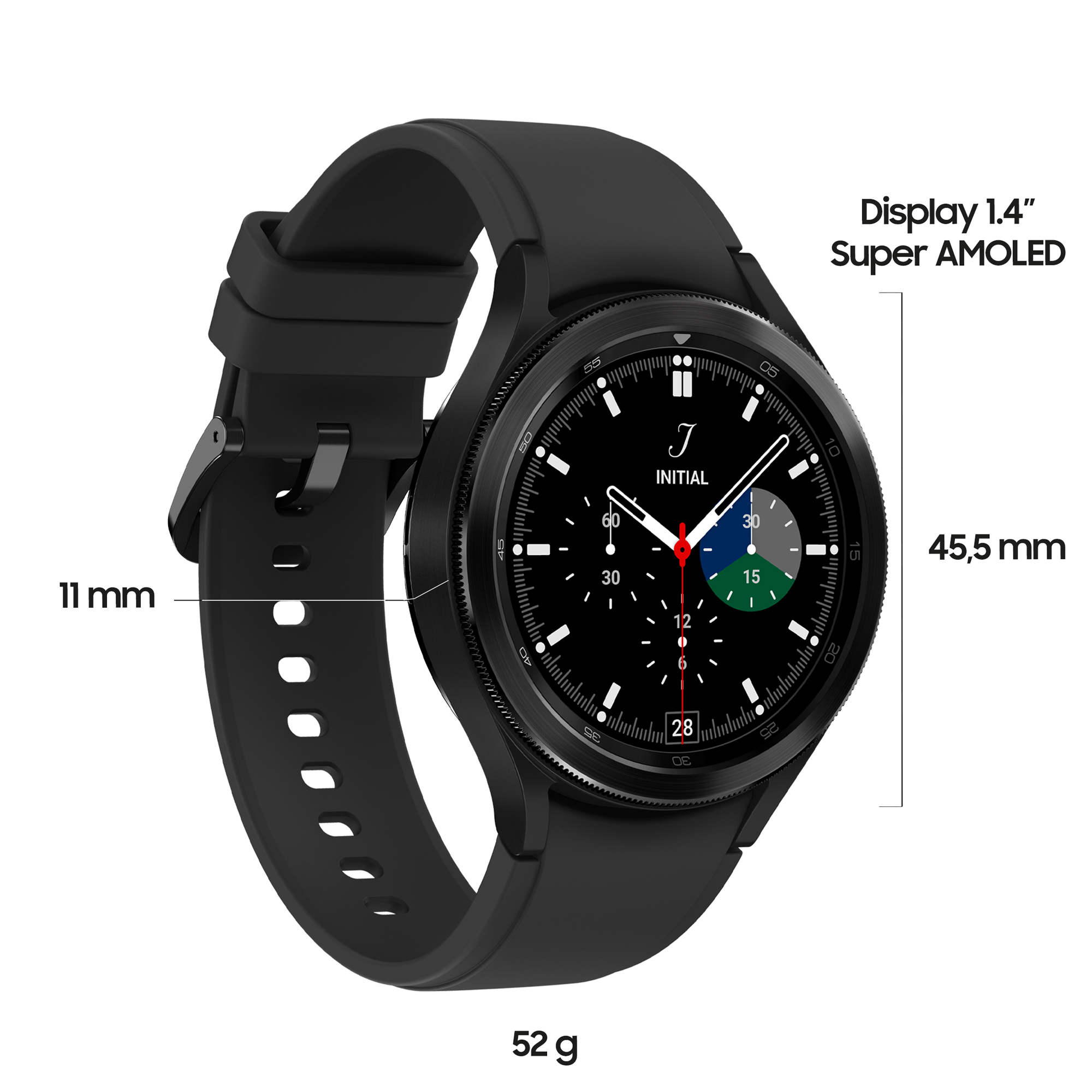 Schwarze Samsung Galaxy Watch mit Abmessungen. Zeigt eine schwarze Uhr mit schwarzem Armband auf weißem Grund.