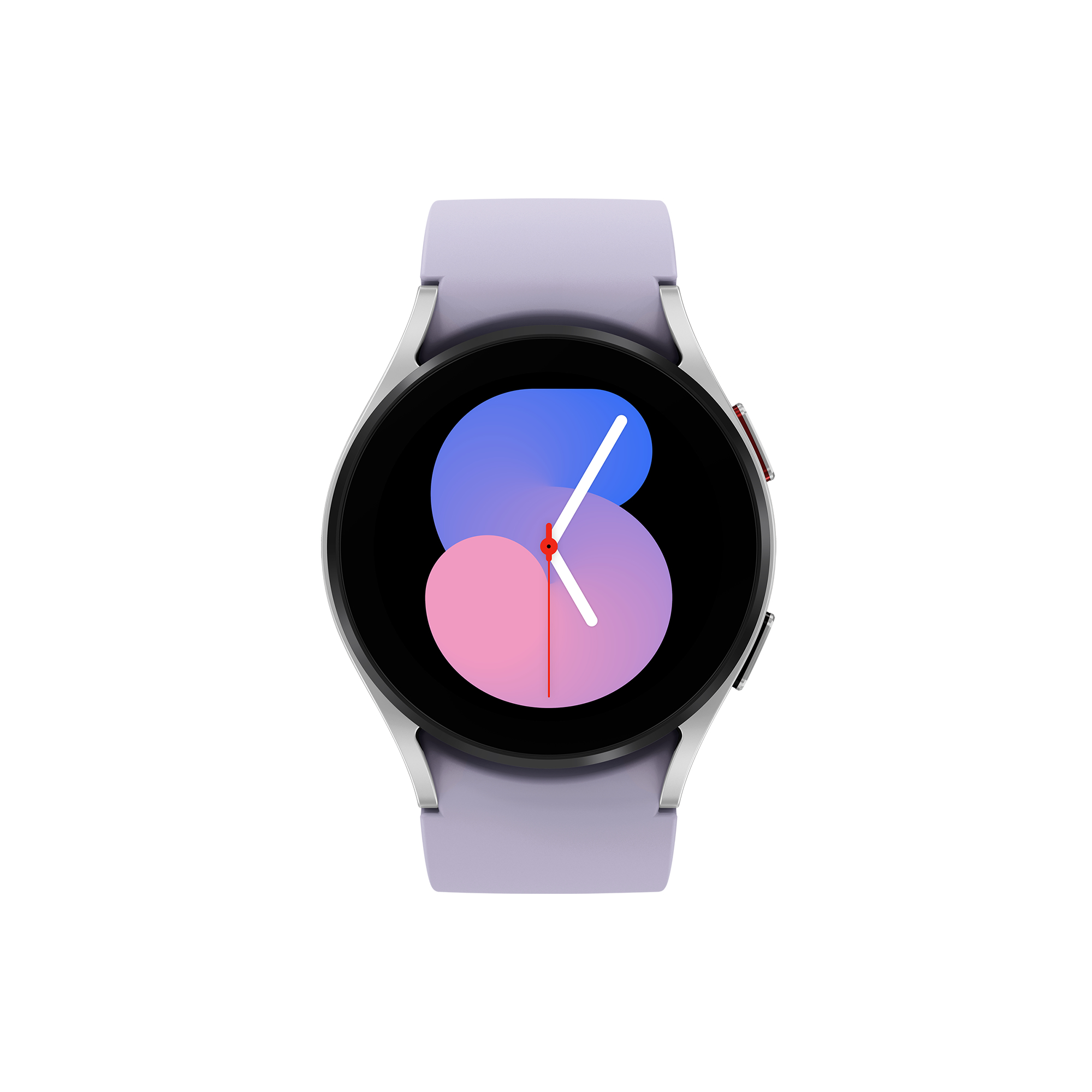 Eine silberne Smartwatch mit rundem schwarzem Display und Lavendelband.
