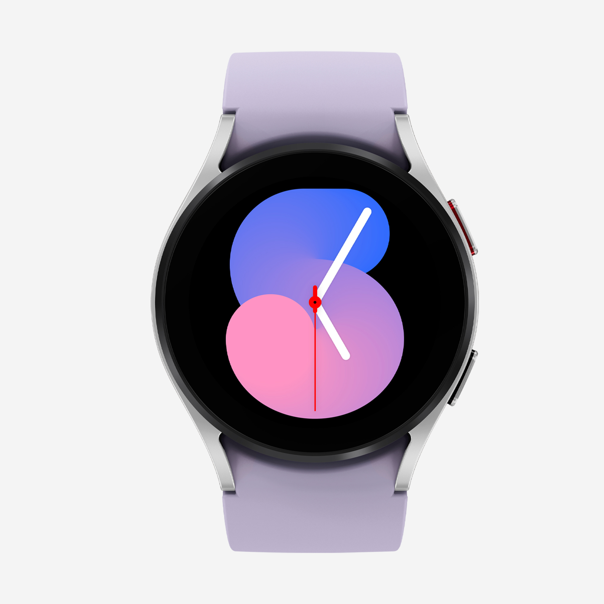 Eine silberne Smartwatch mit lila Armband. Das Zifferblatt zeigt ein farbenfrohes Design.