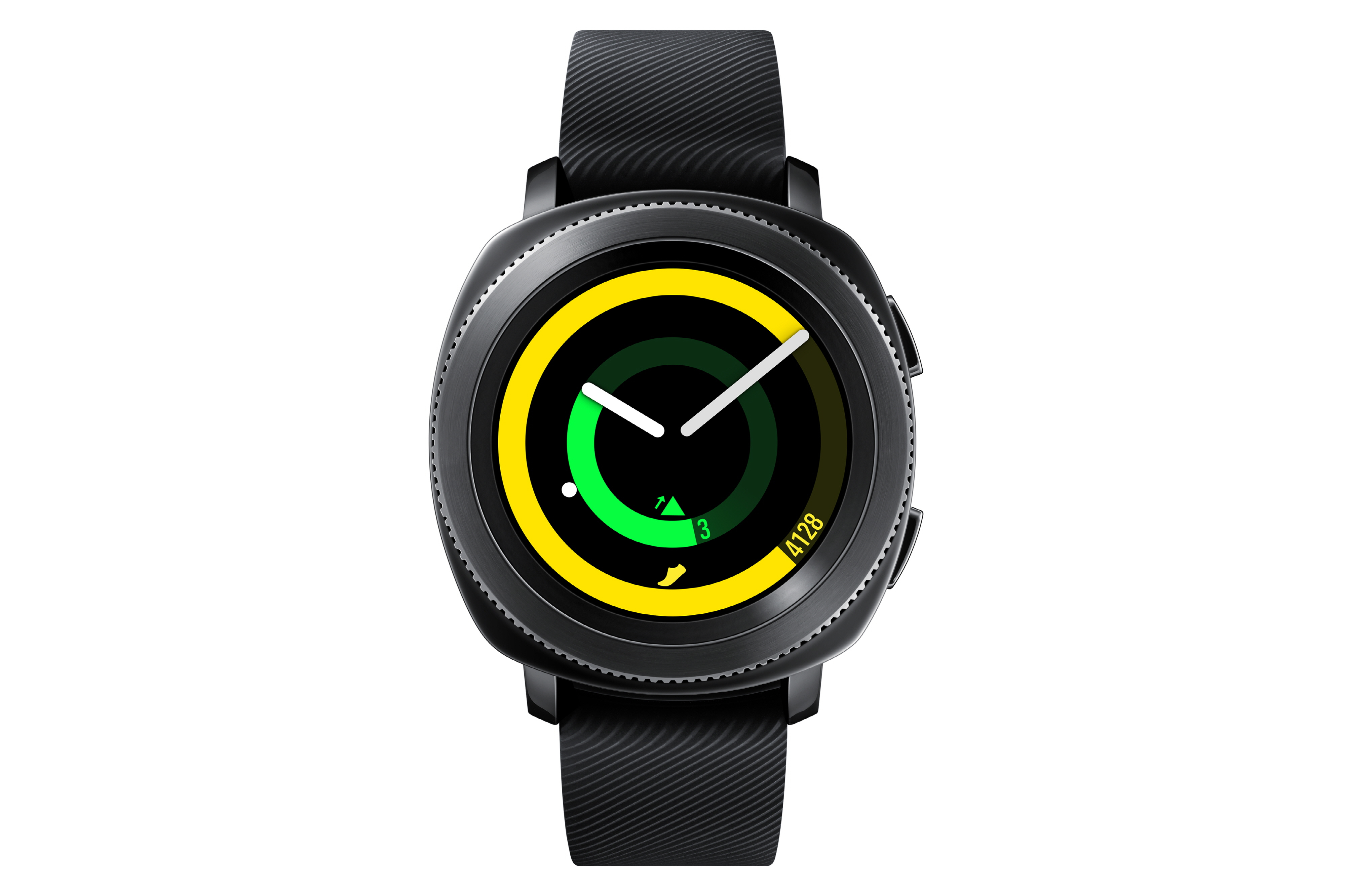 Schwarze Smartwatch mit schwarzem Armband, farbiges Display, auf Weiß.
