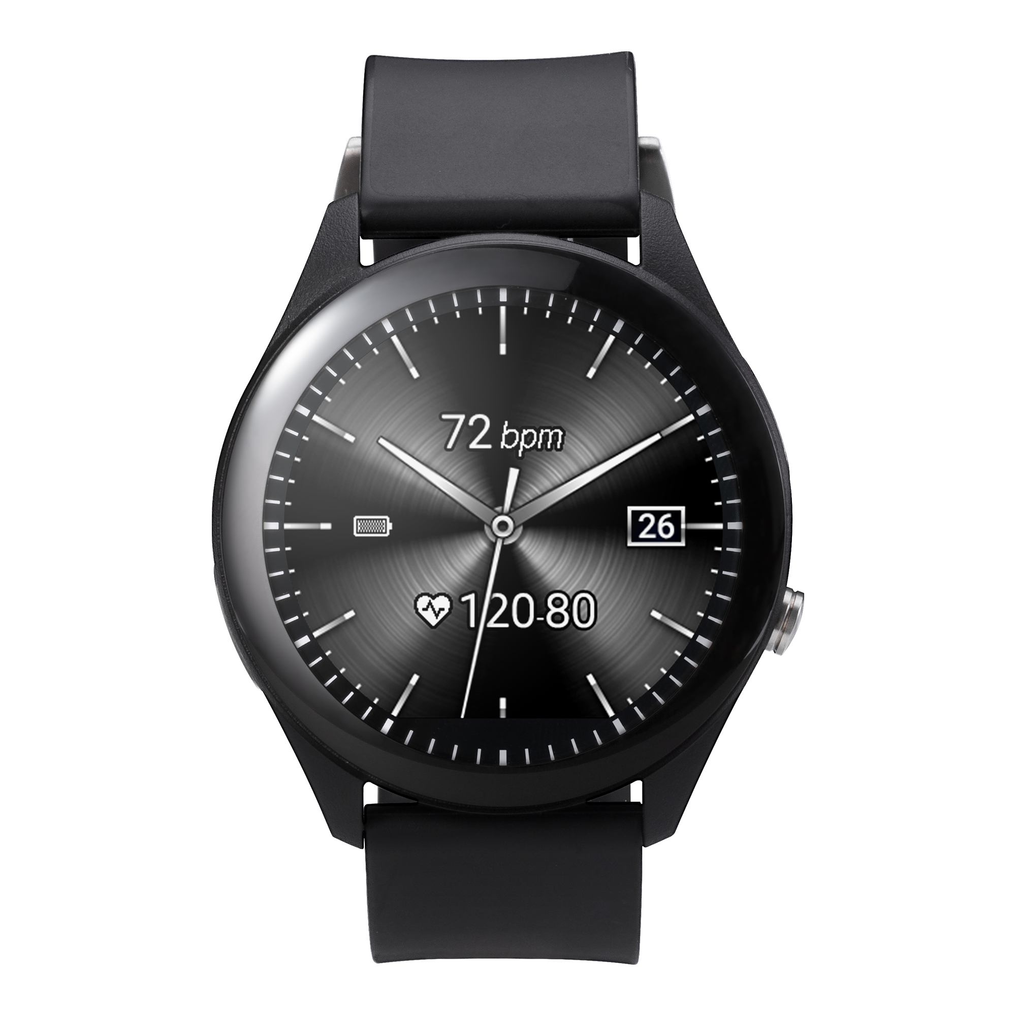 Smartwatch negra con correa negra. La pantalla muestra la hora, la frecuencia cardíaca y otros datos.