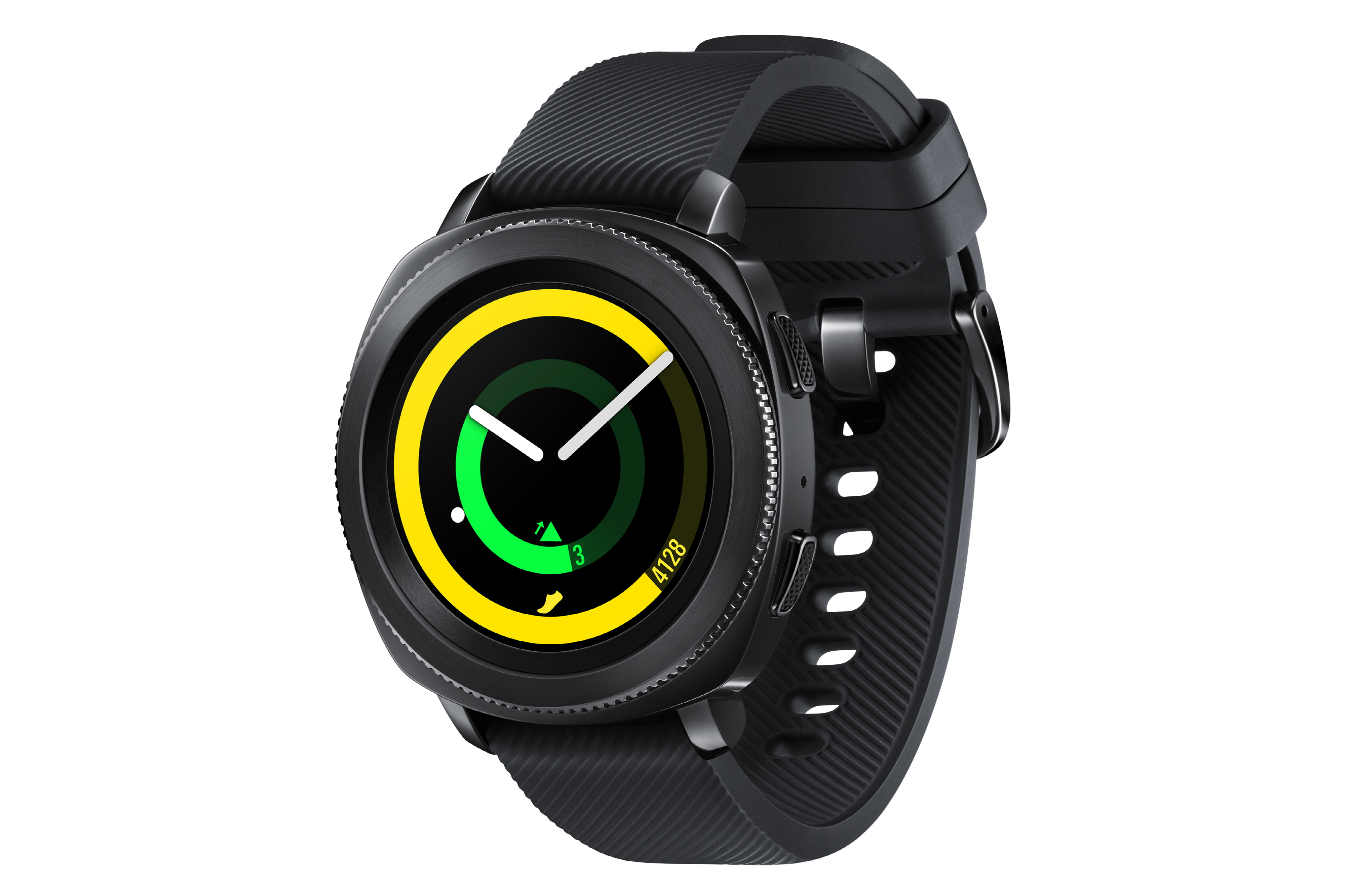 Schwarze Smartwatch mit rundem Zifferblatt. Sie hat ein schwarzes Armband und ein grün-gelbes Display.