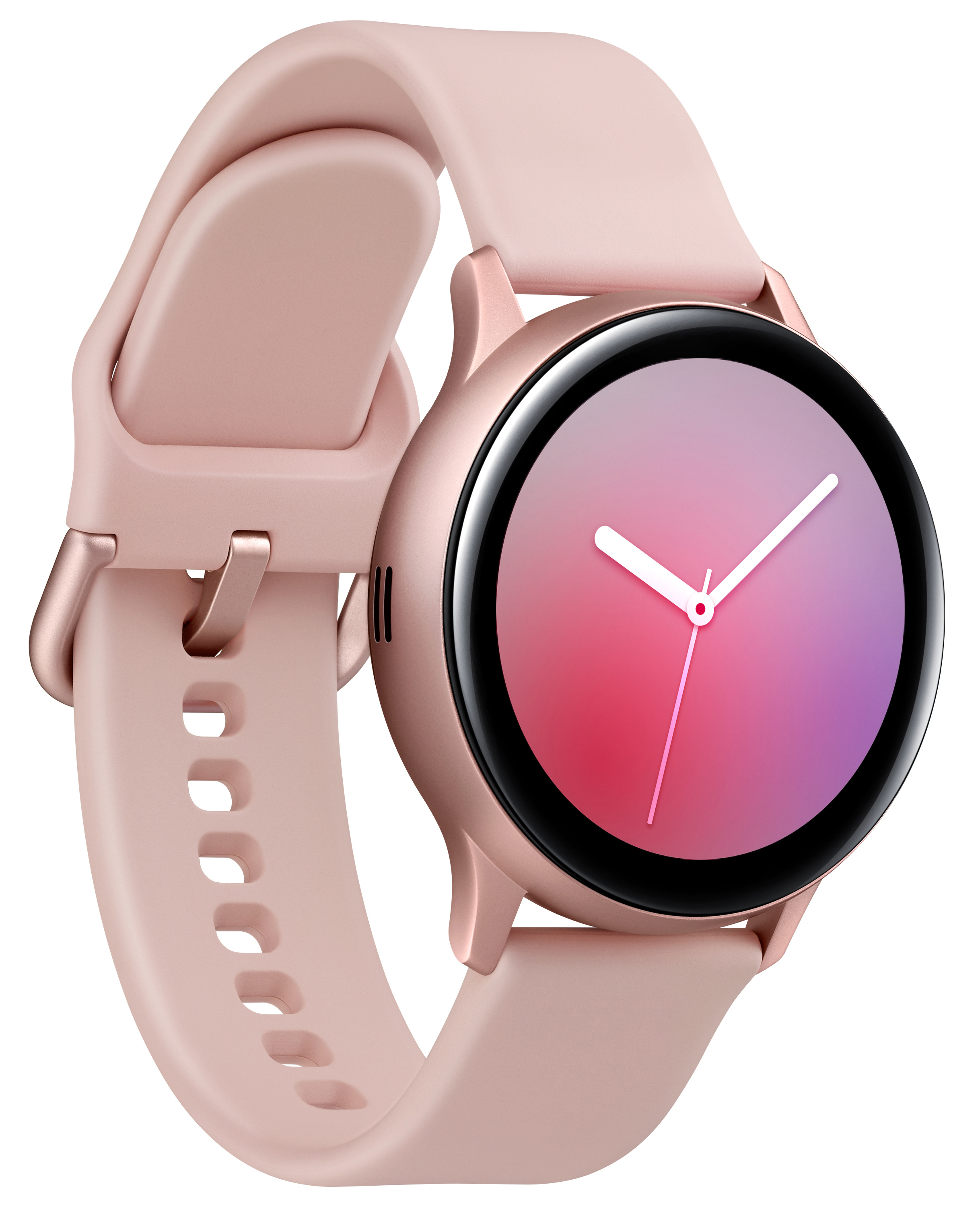 Roségoldene Smartwatch mit pinkfarbenem Armband. Weißer Hintergrund.