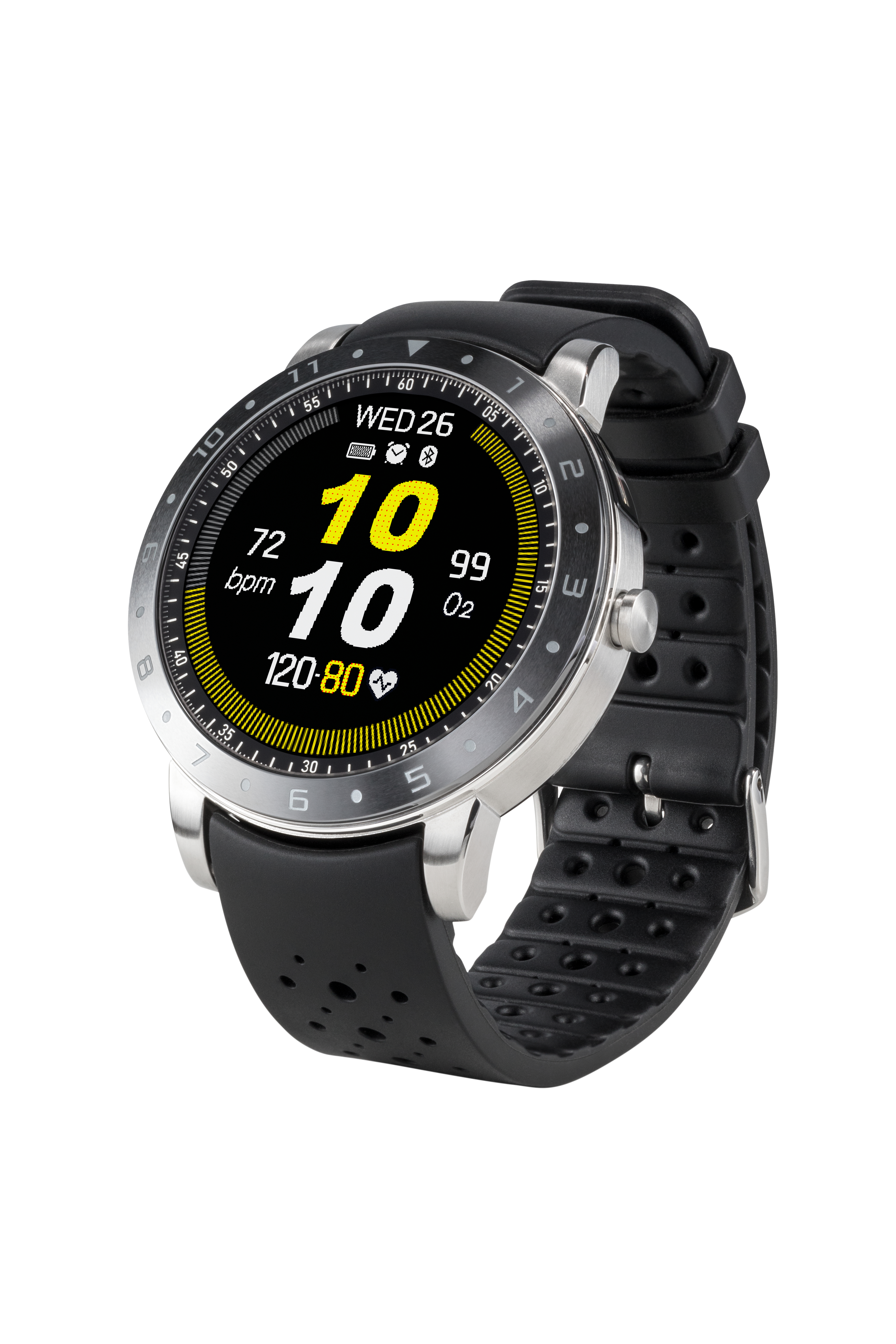 Uno smartwatch nero con lunetta argentata e cinturino nero, che mostra dati su sfondo bianco.