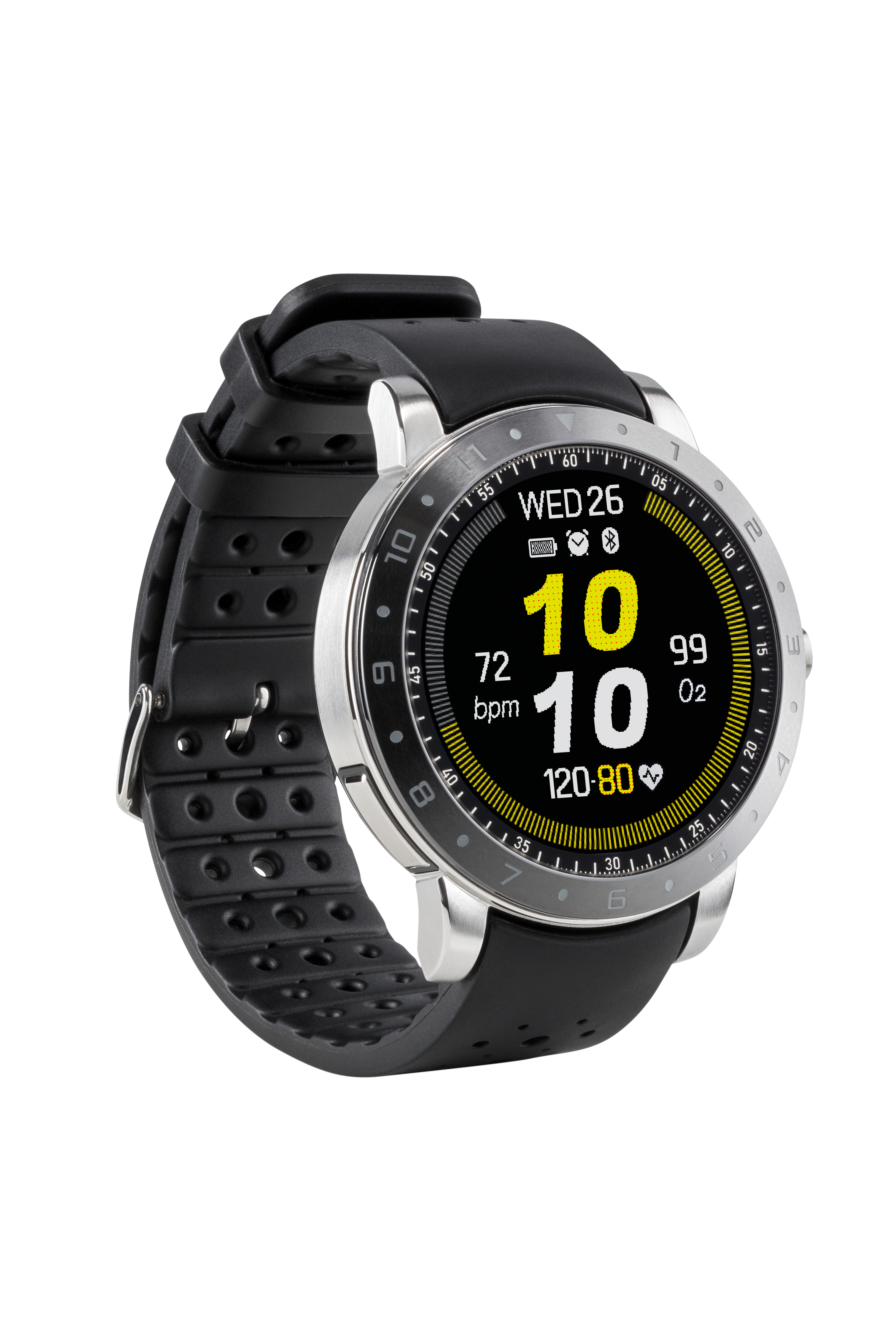 Smartwatch con cinturino nero, mostra frequenza cardiaca, ora e altri dati su quadrante nero.