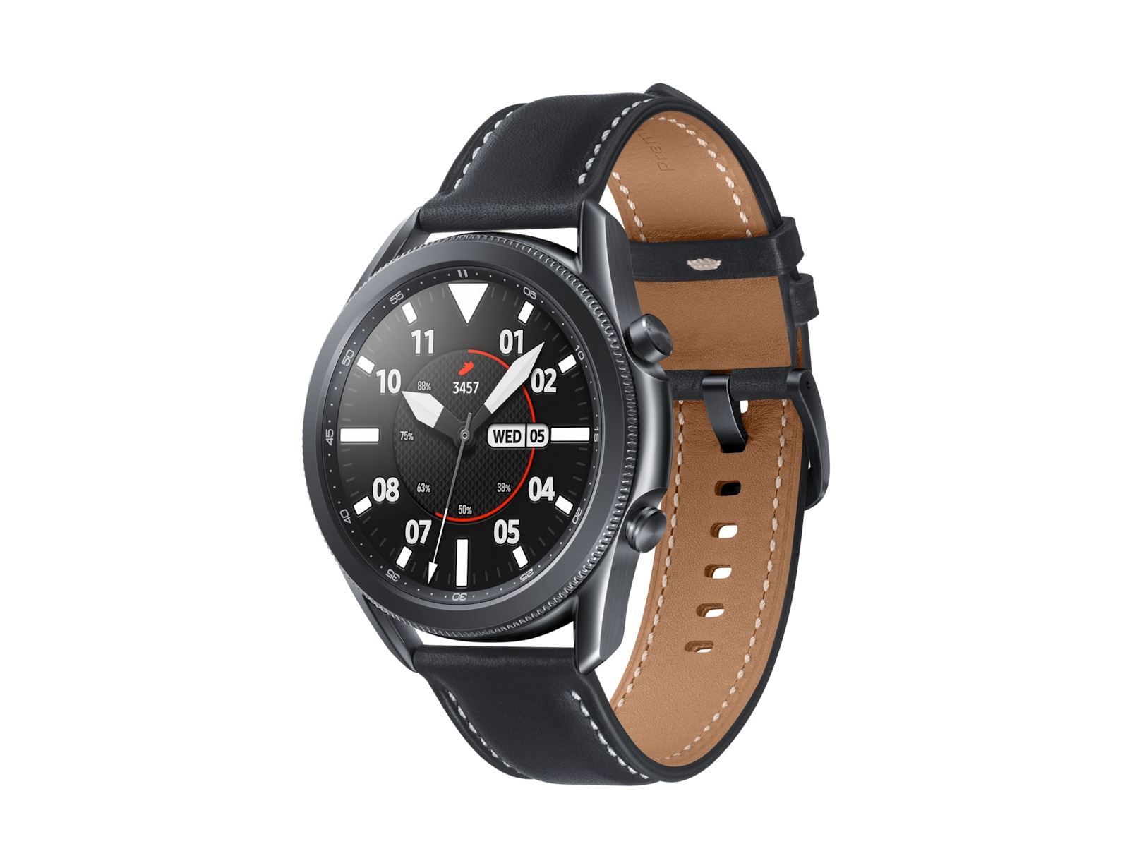 Smartwatch Samsung nera con cinturino in pelle. Il quadrante mostra ora e metriche.