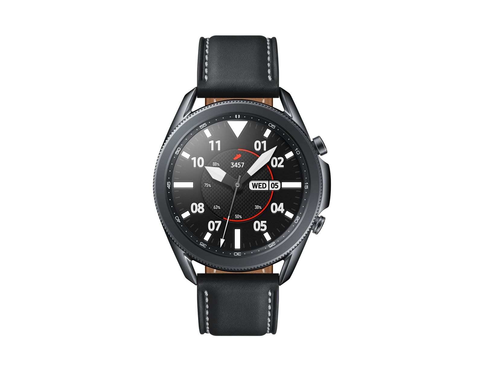 Uno smartwatch Samsung nero con cinturino in pelle nera. Il quadrante mostra l'ora e altri dati.