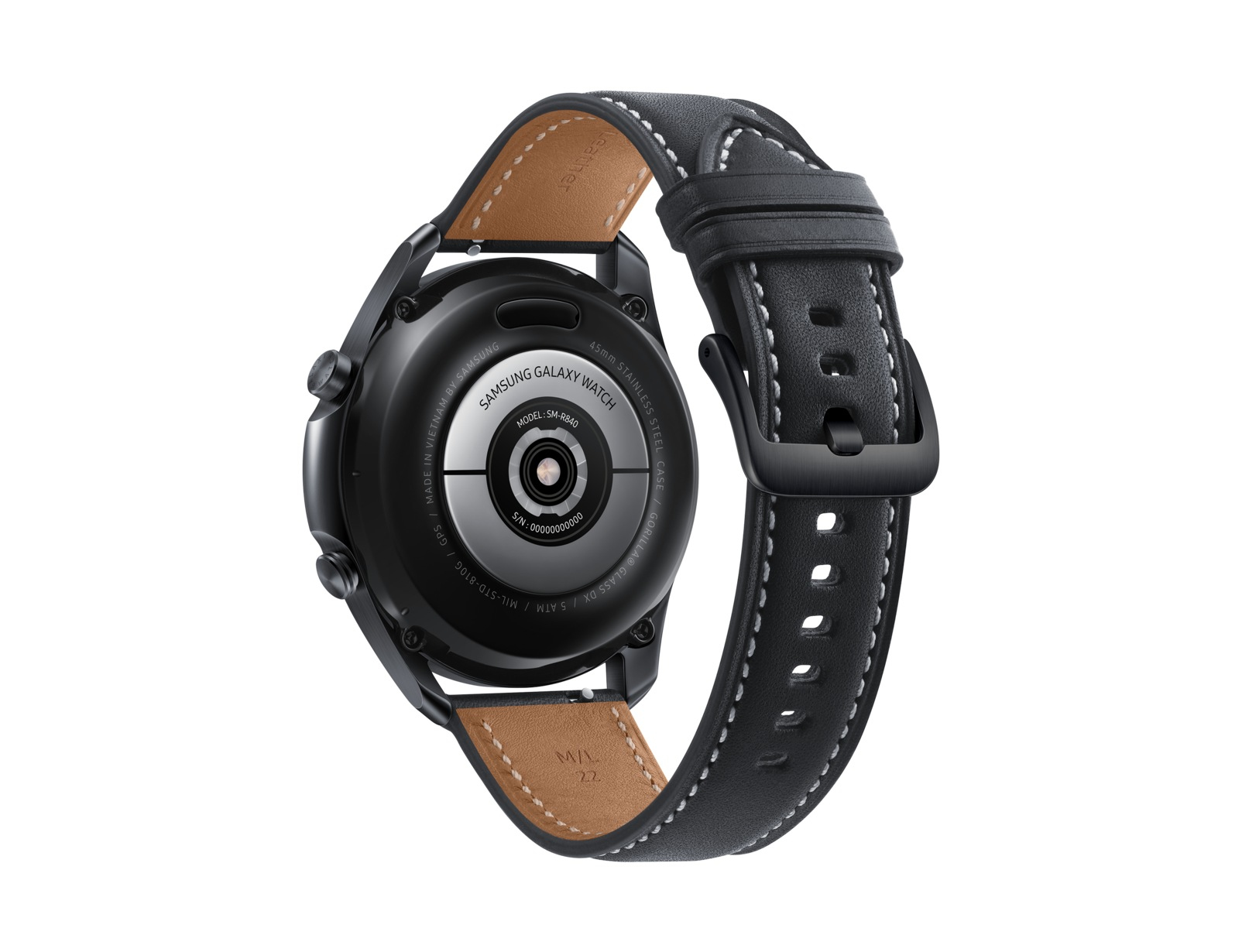 Uno smartwatch nero con cinturino nero, visto dal lato inferiore.