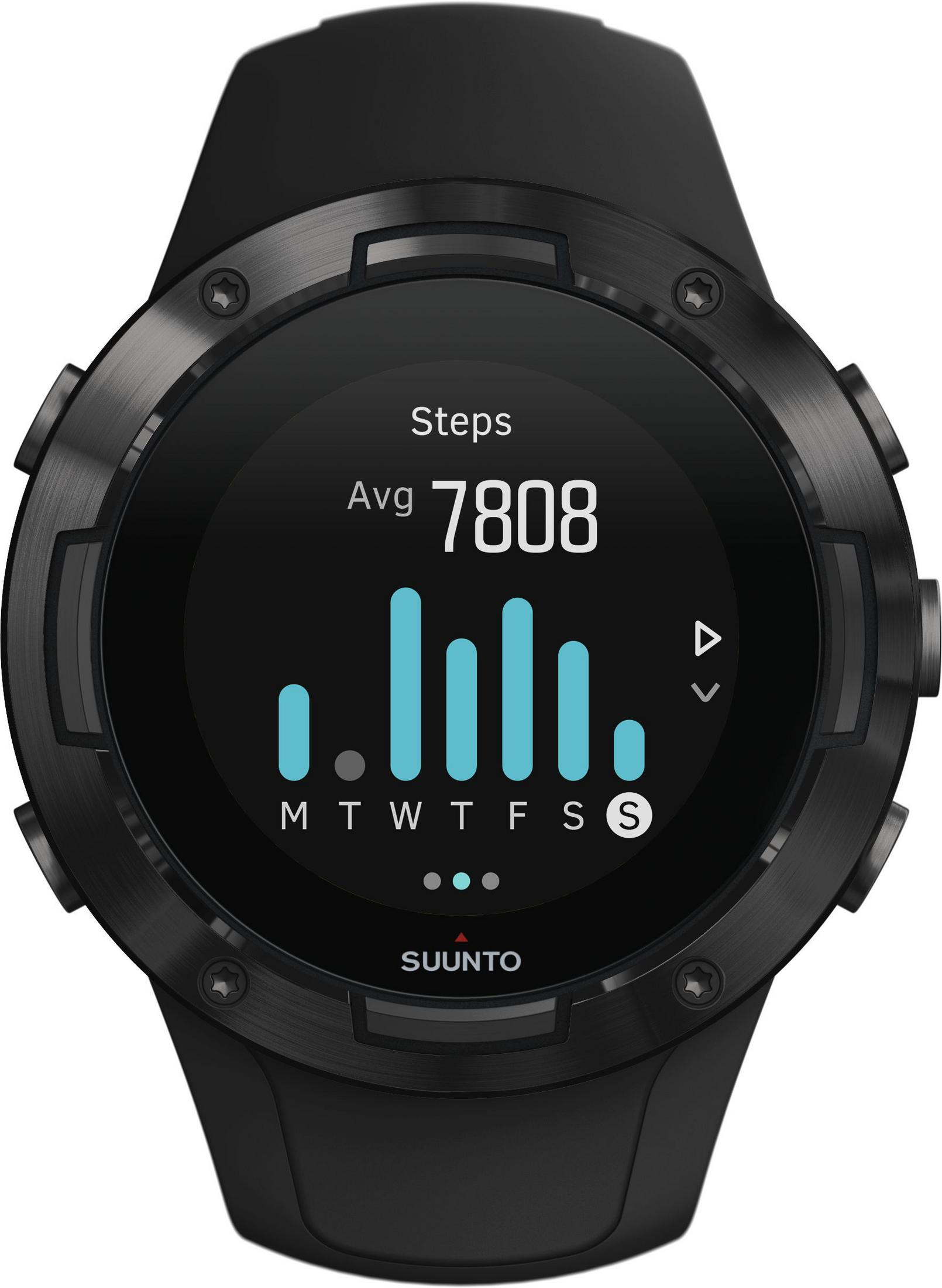 Schwarze Smartwatch, die Schritte und Statistiken anzeigt. Zeigt ein Balkendiagramm der Aktivität.