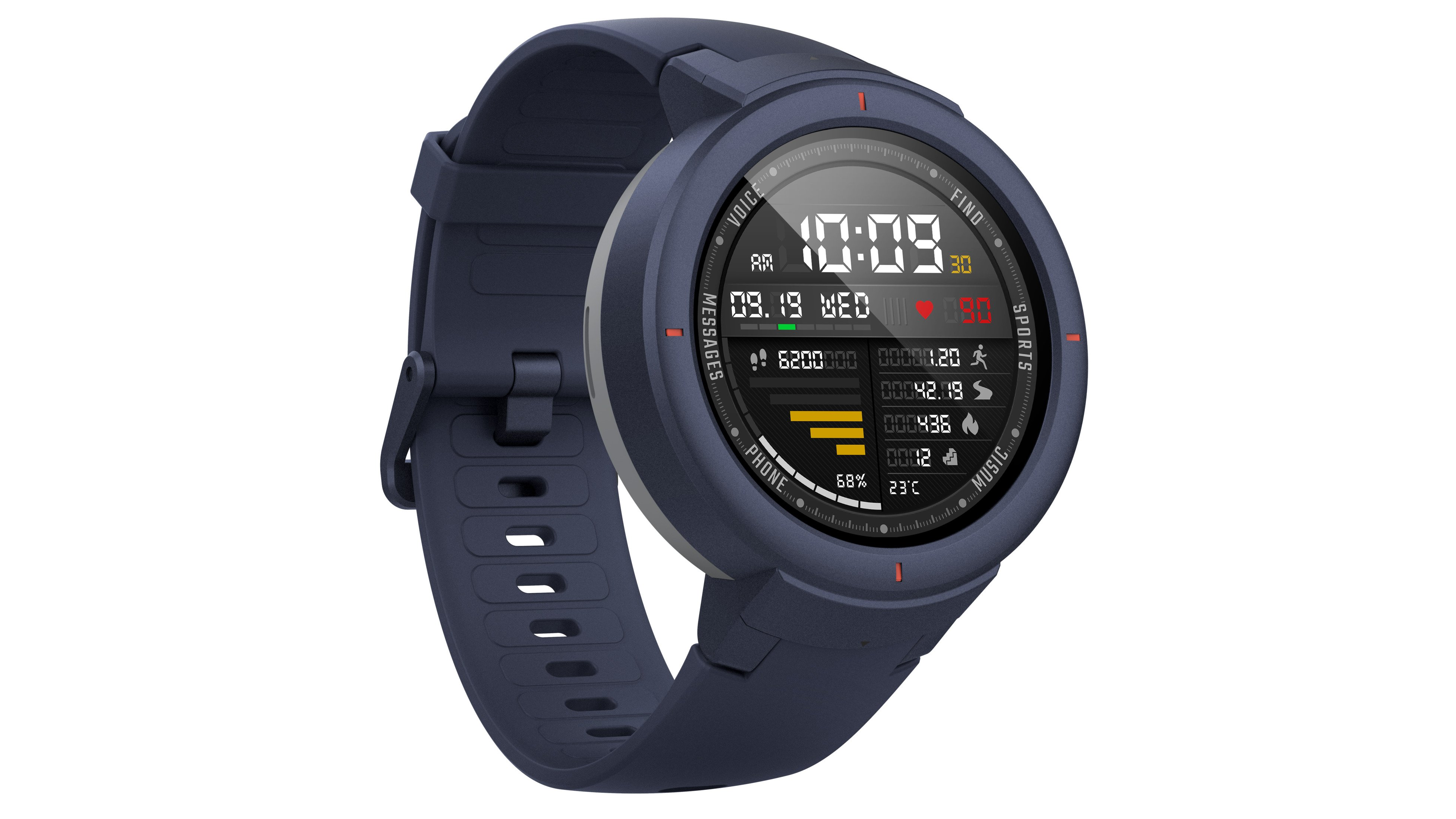 Reloj inteligente azul marino con pantalla digital que muestra la hora y estadísticas. Fondo blanco.