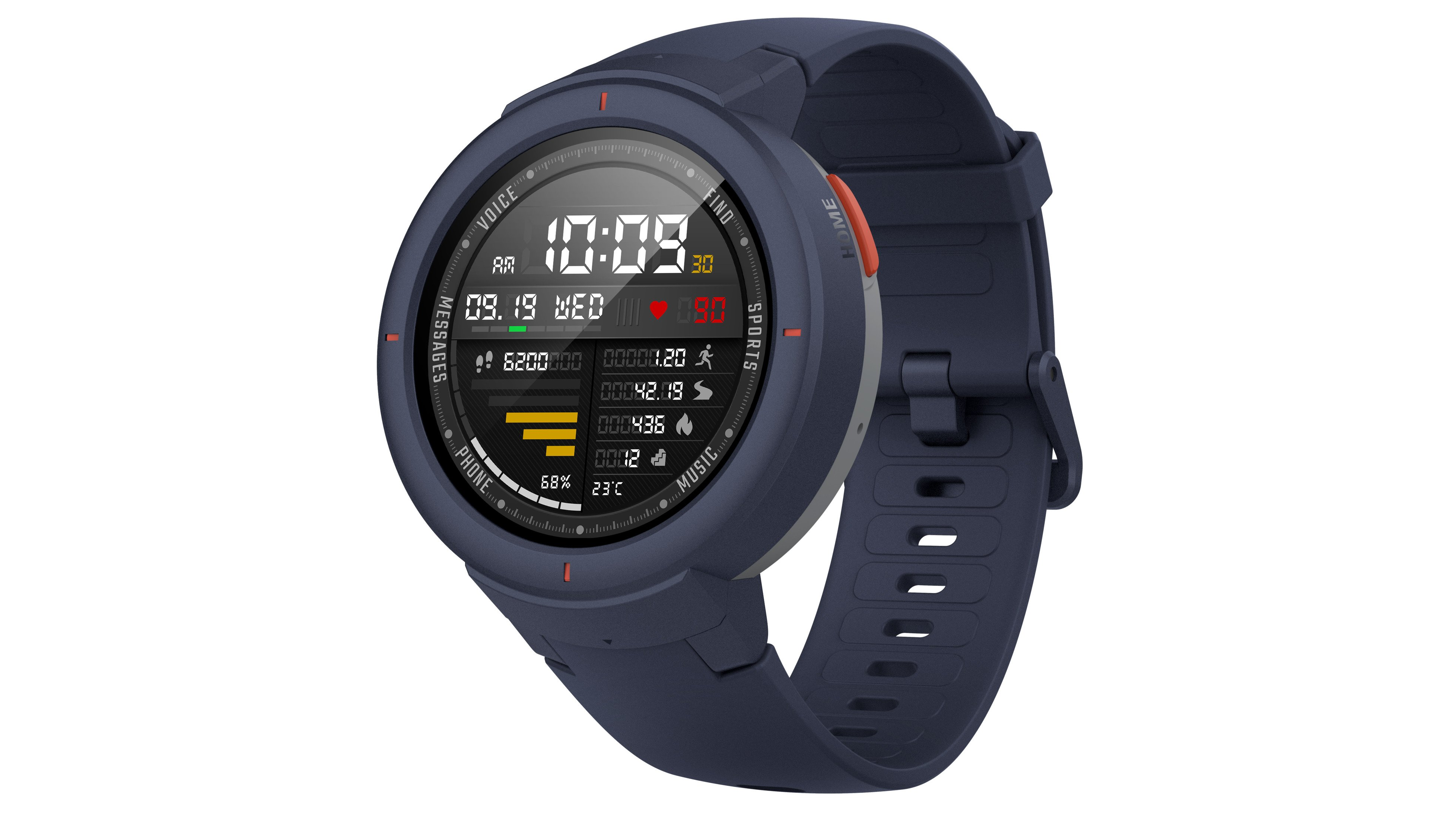 Un reloj inteligente con una correa azul marino y una pantalla digital que muestra la hora y los datos.