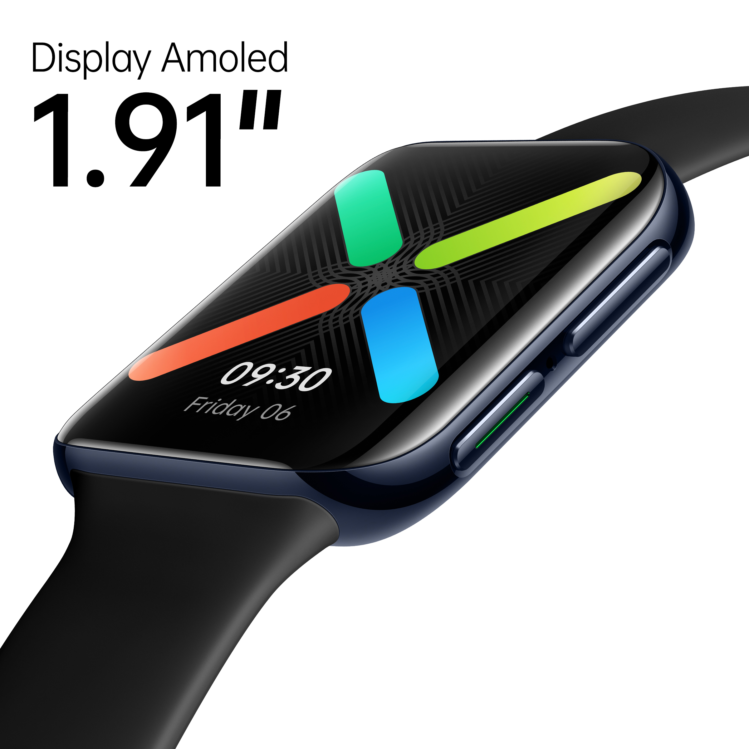 Czarny smartwatch pokazujący czas, z czarnym paskiem i niebieską obudową.