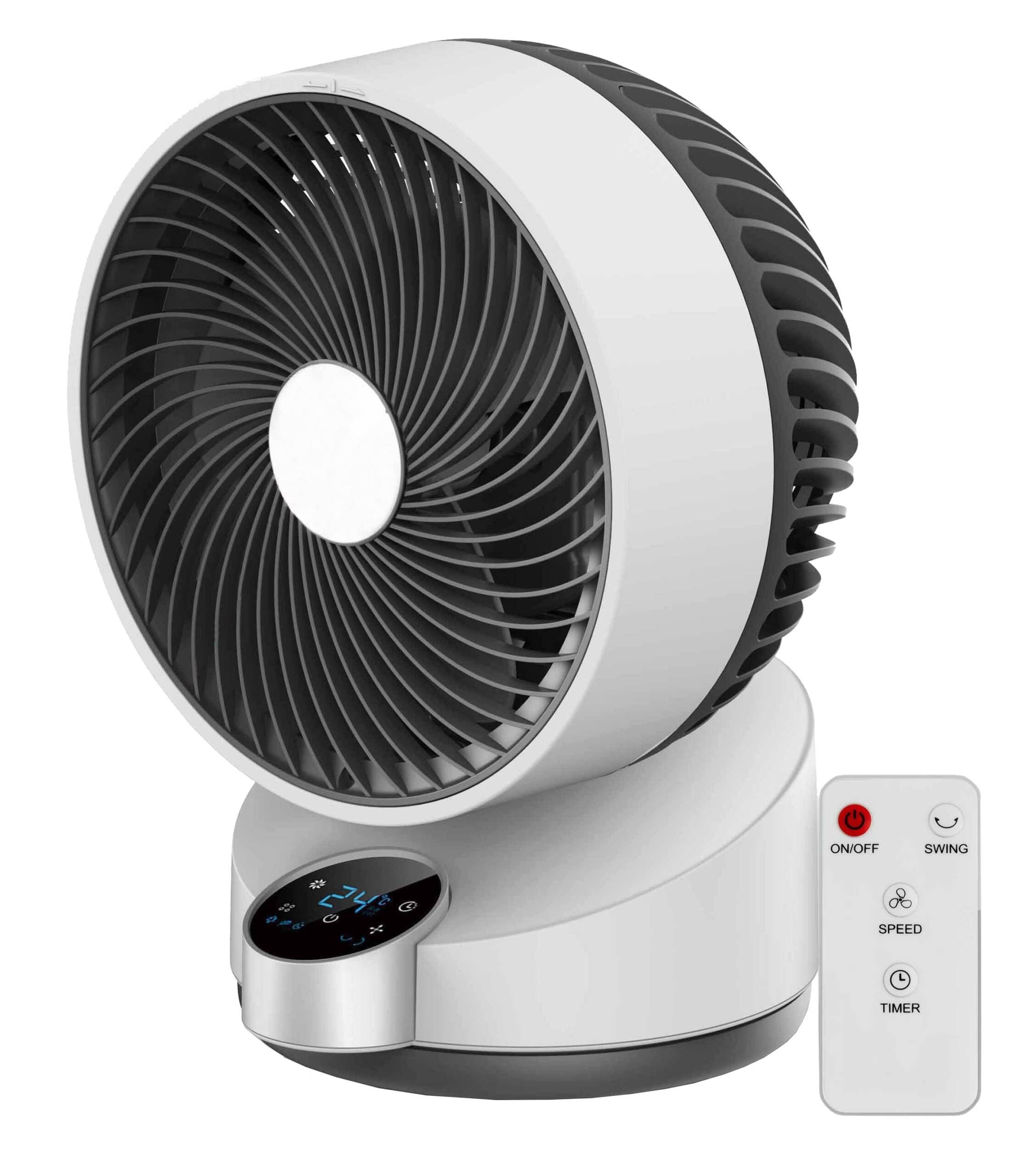 Un ventilador blanco y negro con un mando a distancia. El ventilador tiene una pantalla digital y ajustes ajustables.