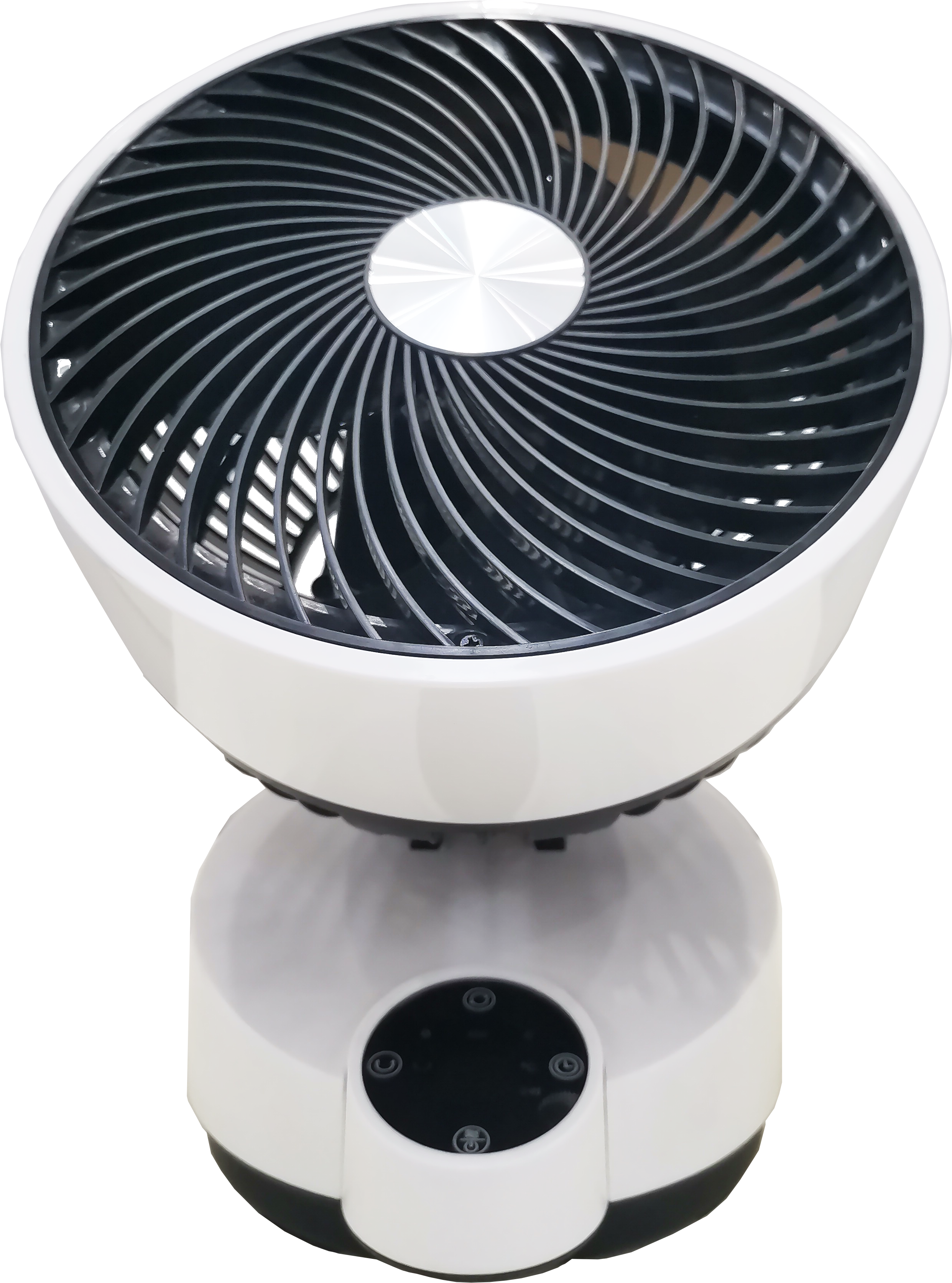 Ventilador blanco y negro. Tiene un diseño circular con controles en la parte inferior.