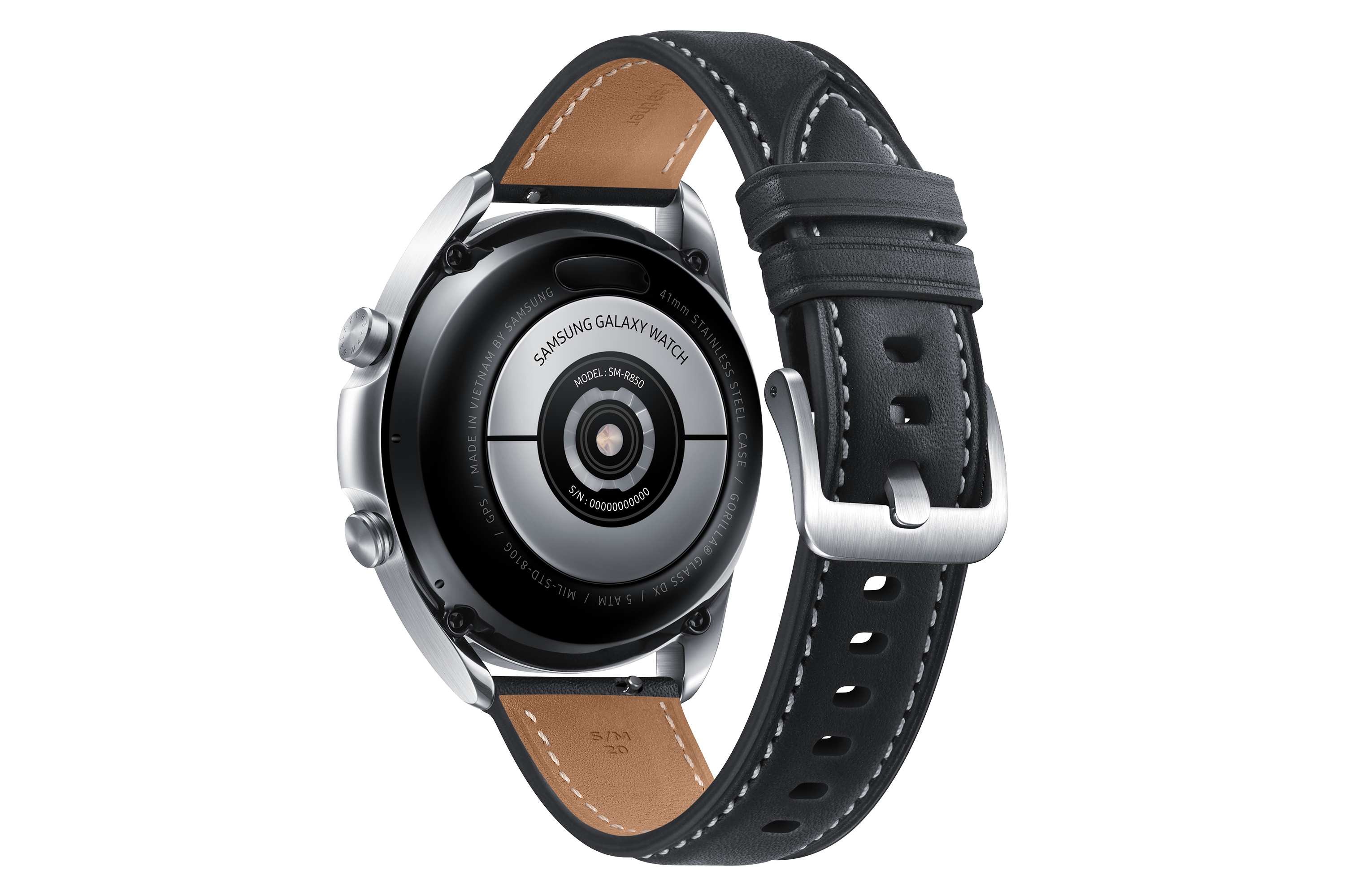 Rückseite einer schwarzen Smartwatch mit Lederarmband, Sensoren und Branding zeigend.