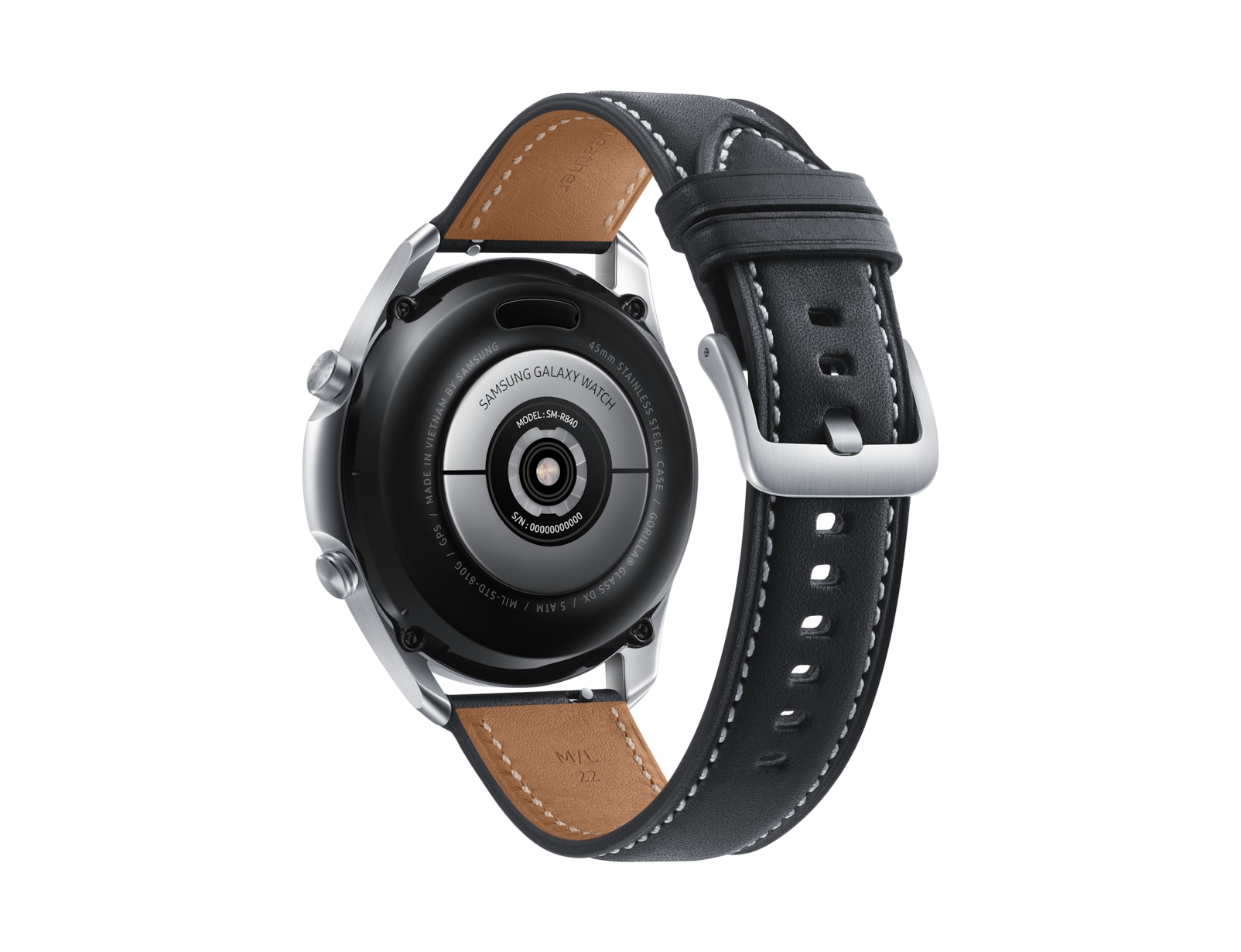 Schwarze Samsung Galaxy Watch, Rückansicht, mit Lederarmband auf weißem Grund.