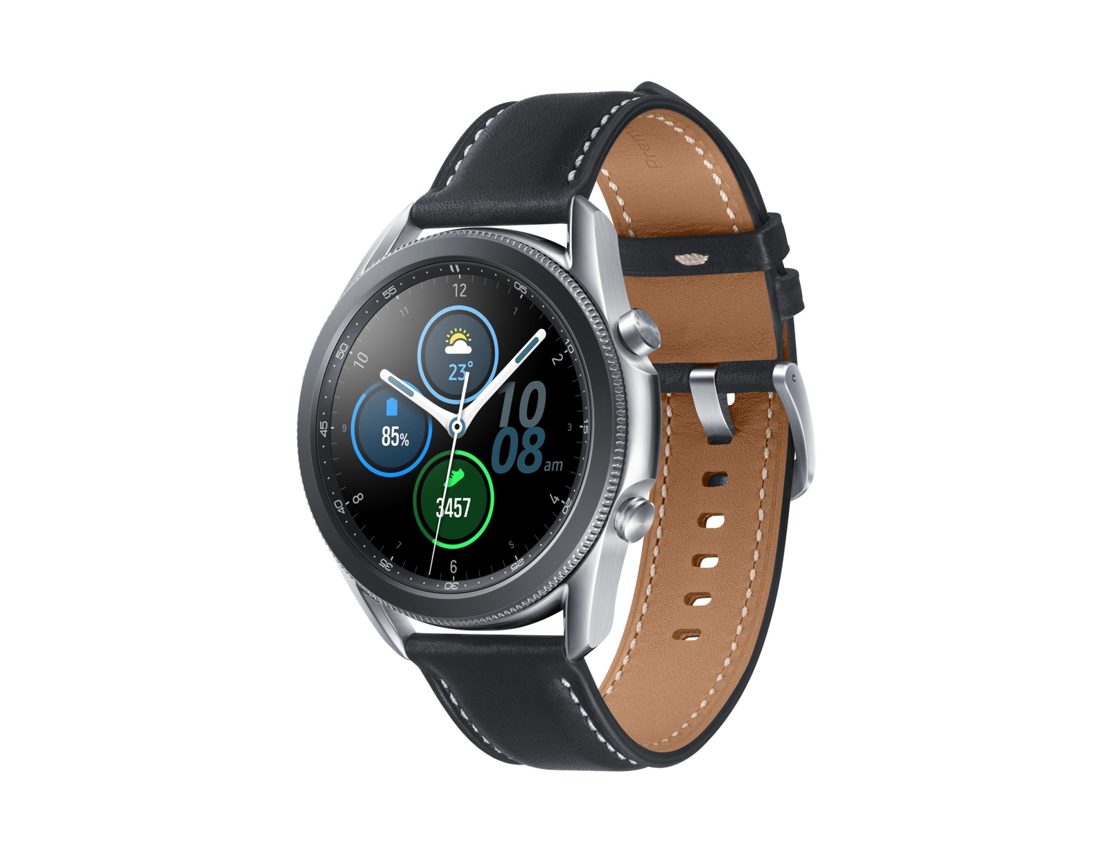 Eine silberne Smartwatch mit schwarzem Zifferblatt und schwarzem Lederarmband. Die Uhr zeigt Zeit und Wetter an.