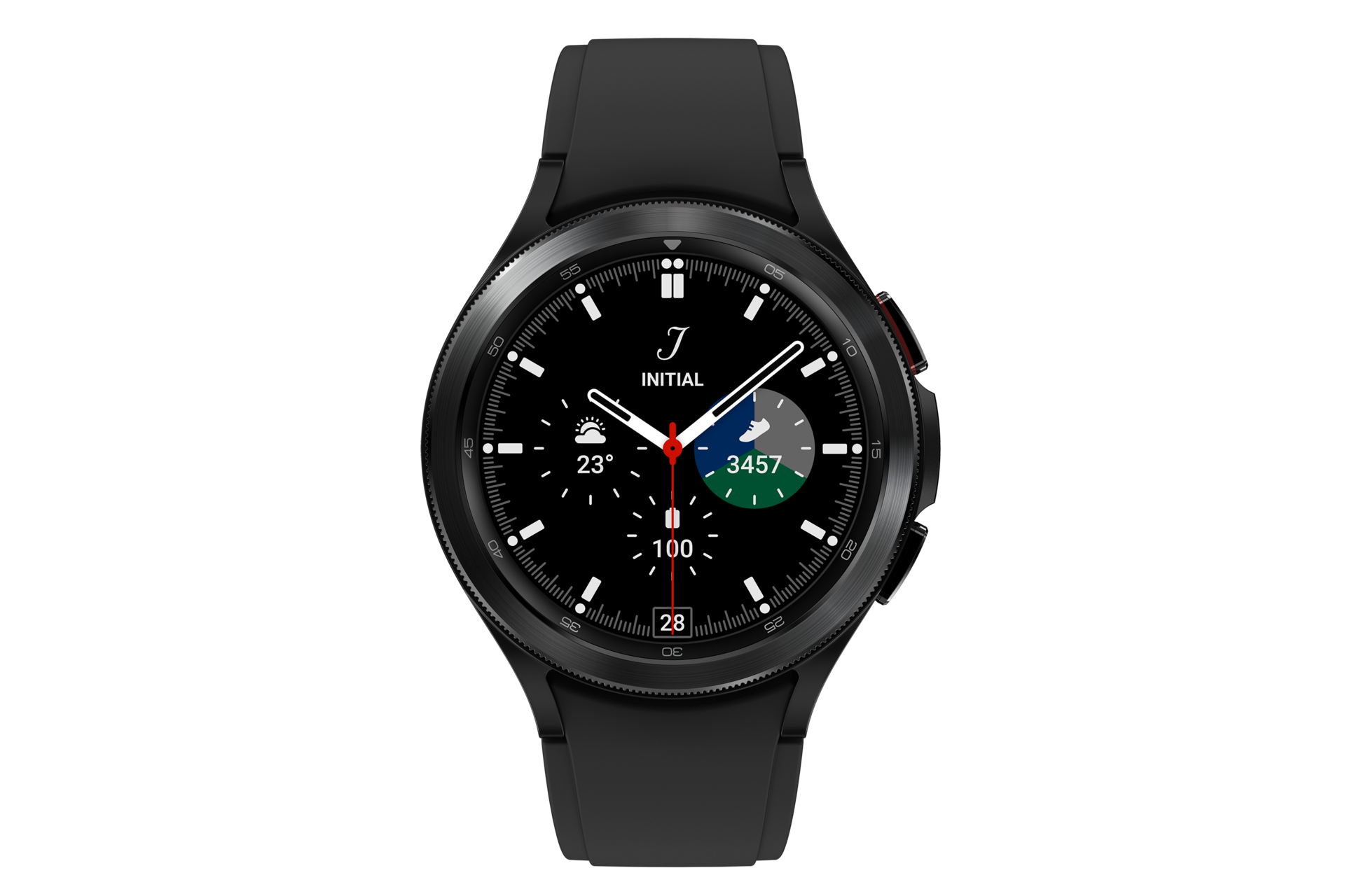 Smartwatch nero con quadrante rotondo che mostra l'ora e metriche fitness su sfondo bianco.