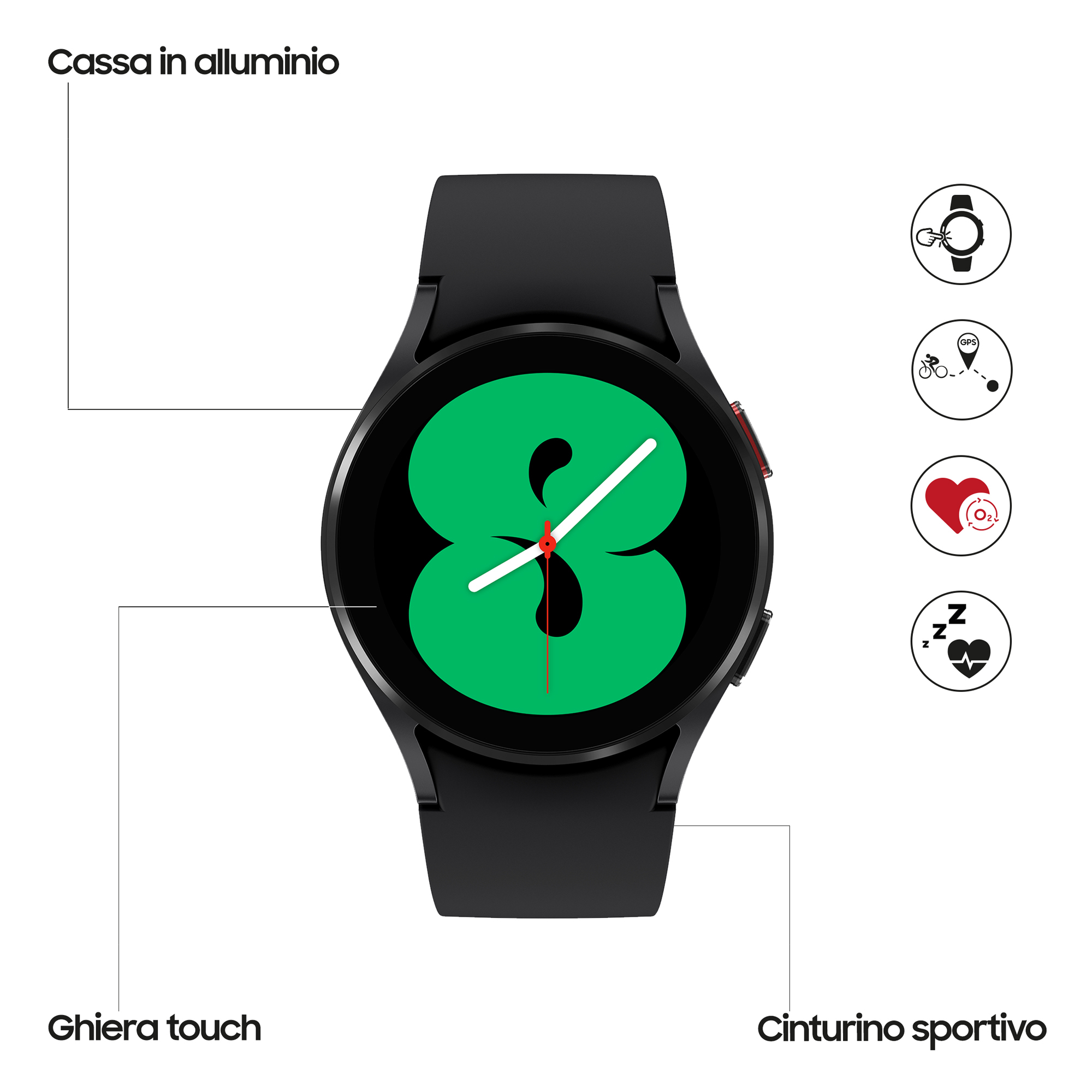 Czarny smartwatch z okrągłym wyświetlaczem, pokazujący zielony okrągły interfejs i ikony funkcji.