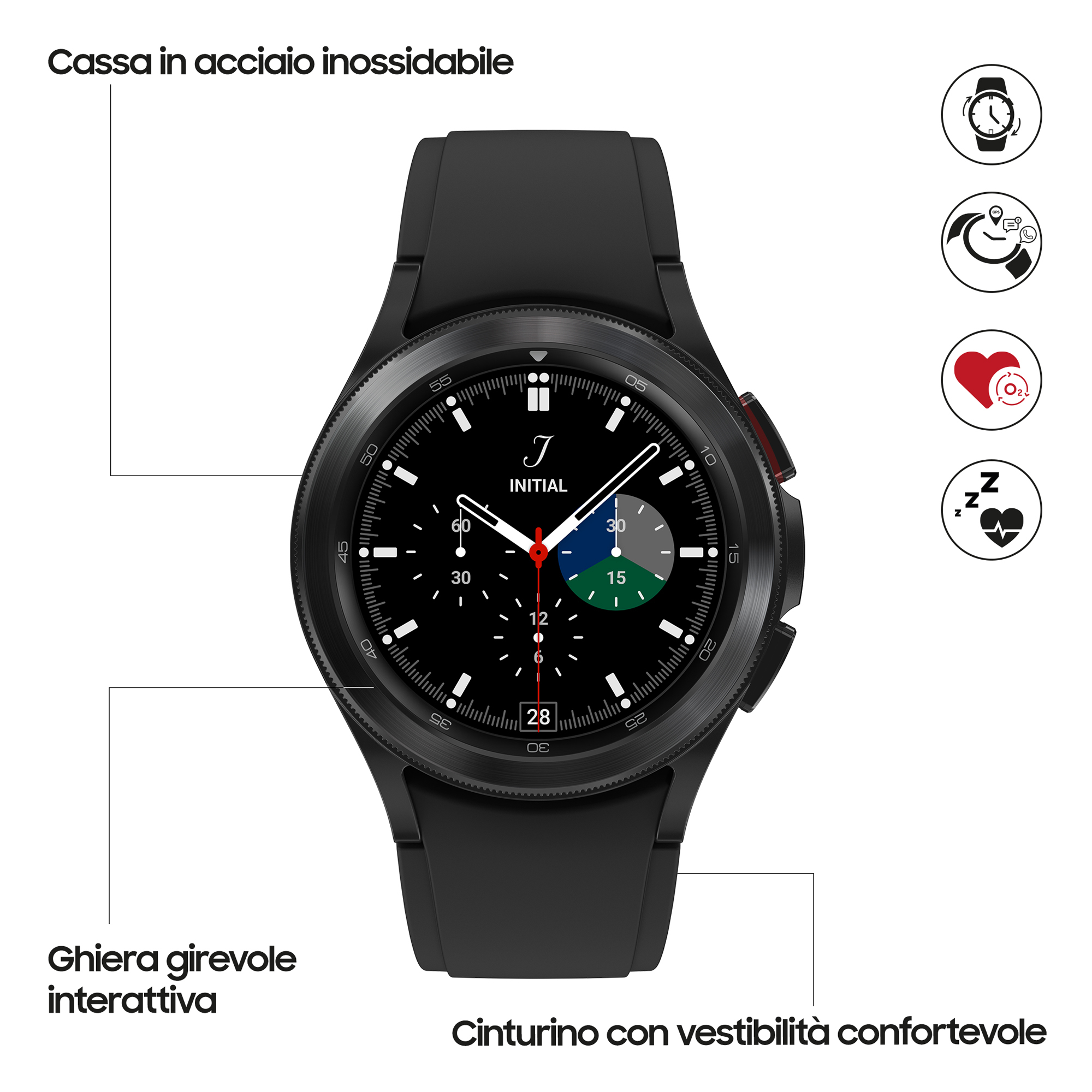 Reloj inteligente negro con correa negra. Cuenta con un bisel giratorio, una pantalla digital y funciones etiquetadas.