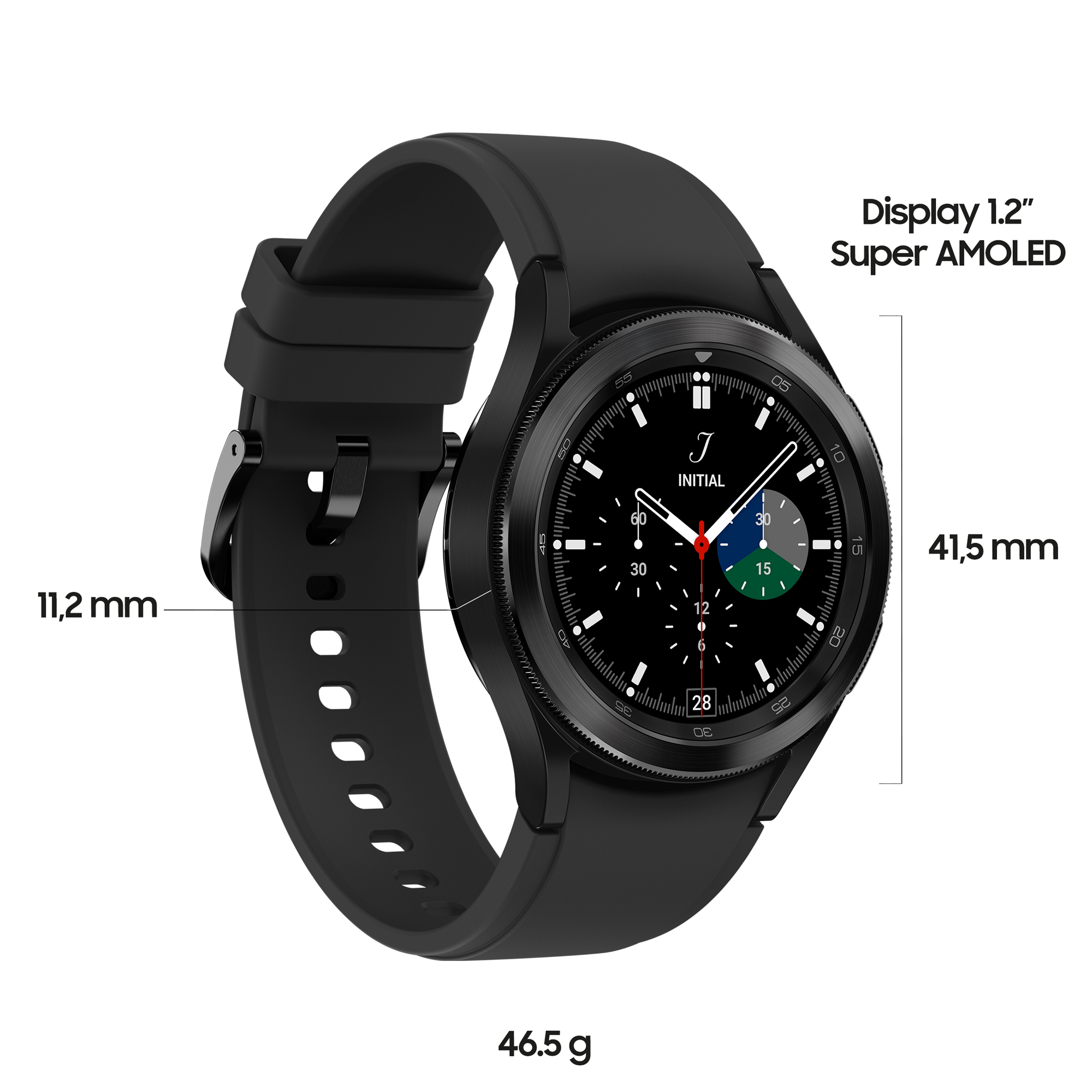 Reloj inteligente negro. Correa negra. Muestra la hora. Medidas: 11,2 mm, 41,5 mm, 46,5 g.