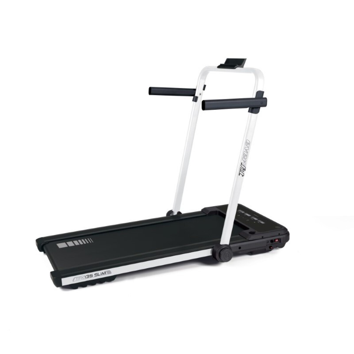 Un tapis de course blanc et noir avec un écran et une rampe blanche.