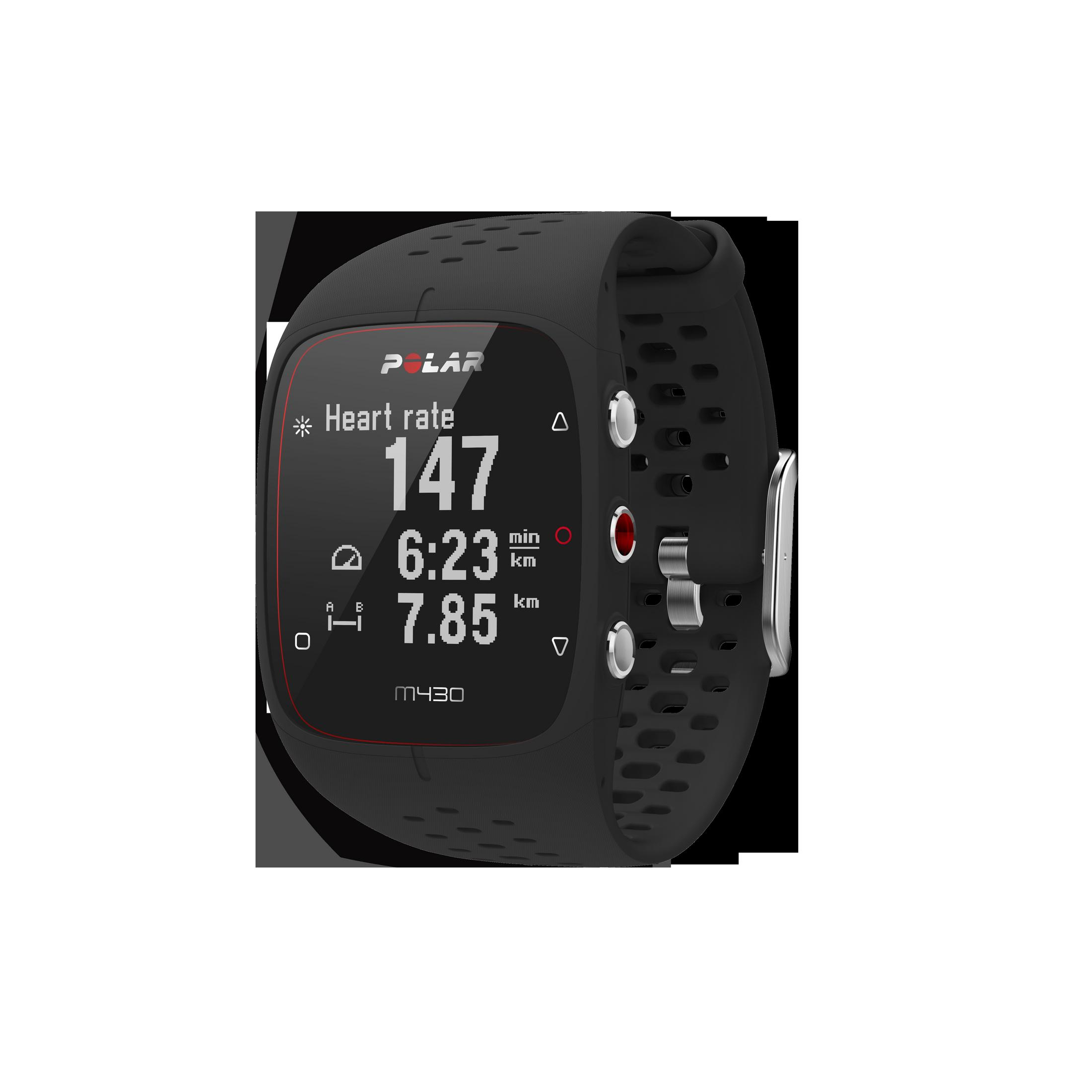 Schwarze Polar Smartwatch. Zeigt Herzfrequenz als 147, Zeit 6:23 und Distanz 7,85 km an. Schwarzer Hintergrund.