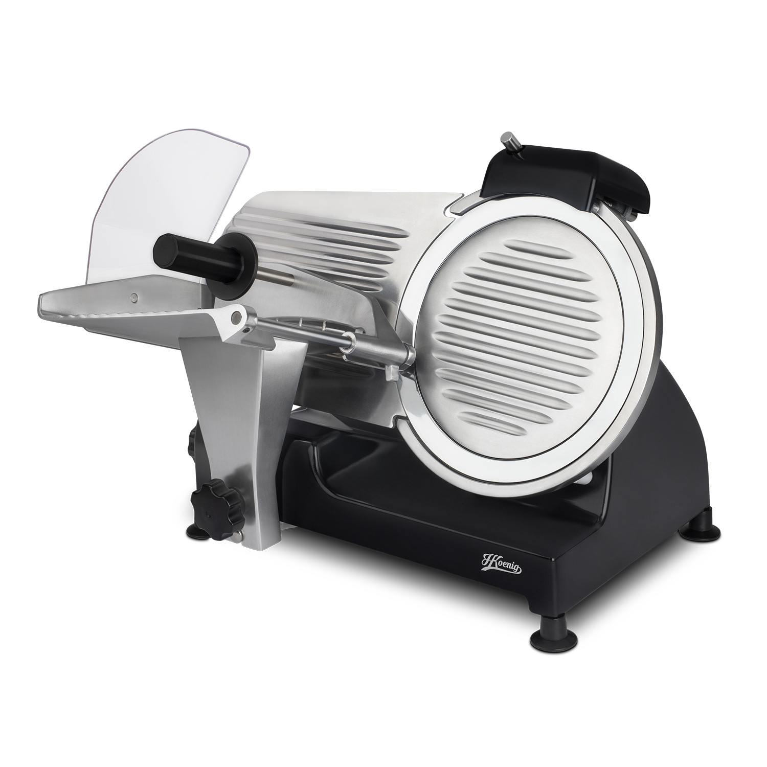 Srebrna i czarna krajalnica do mięsa na białym tle.