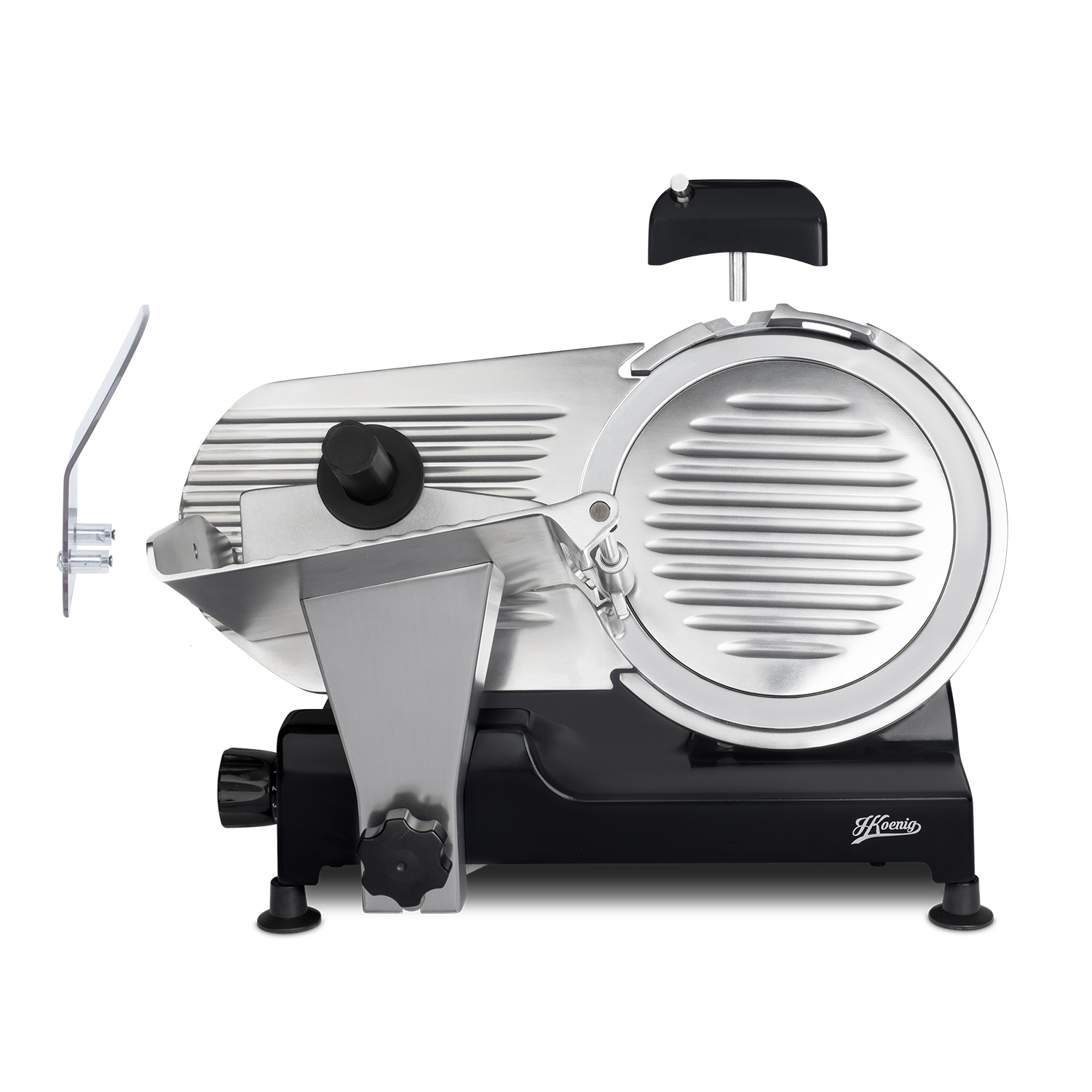 Srebrno-czarna krajalnica do mięsa na białym tle, z czarnym uchwytem i ostrzem.