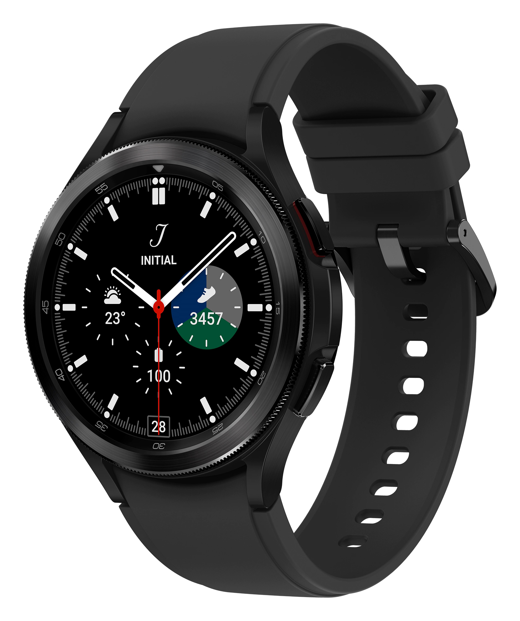 Czarny smartwatch z okrągłą tarczą i czarnym paskiem.