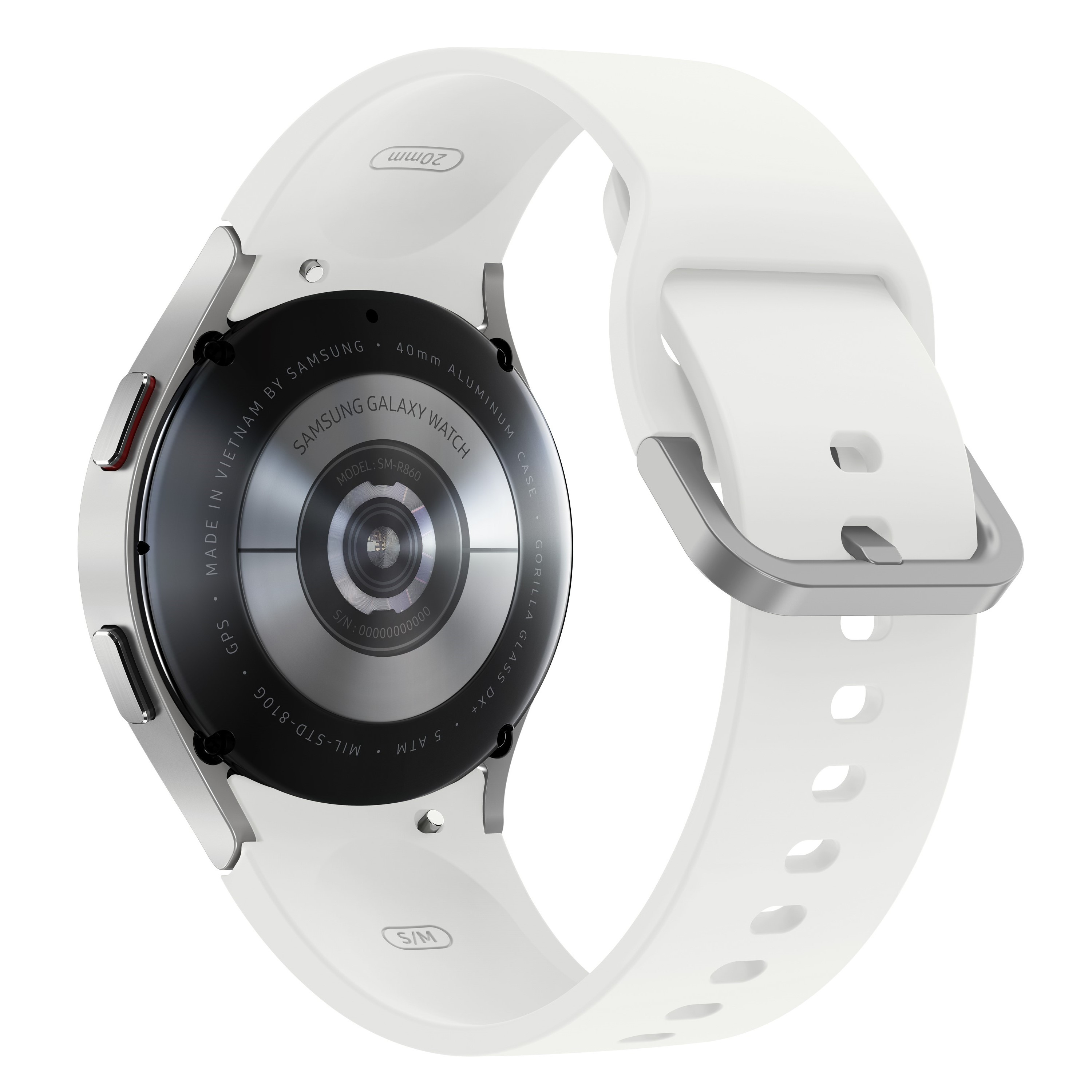 Samsung Galaxy Watch bianca, vista posteriore. Ha un cinturino bianco e una fibbia argentata. Sfondo bianco.