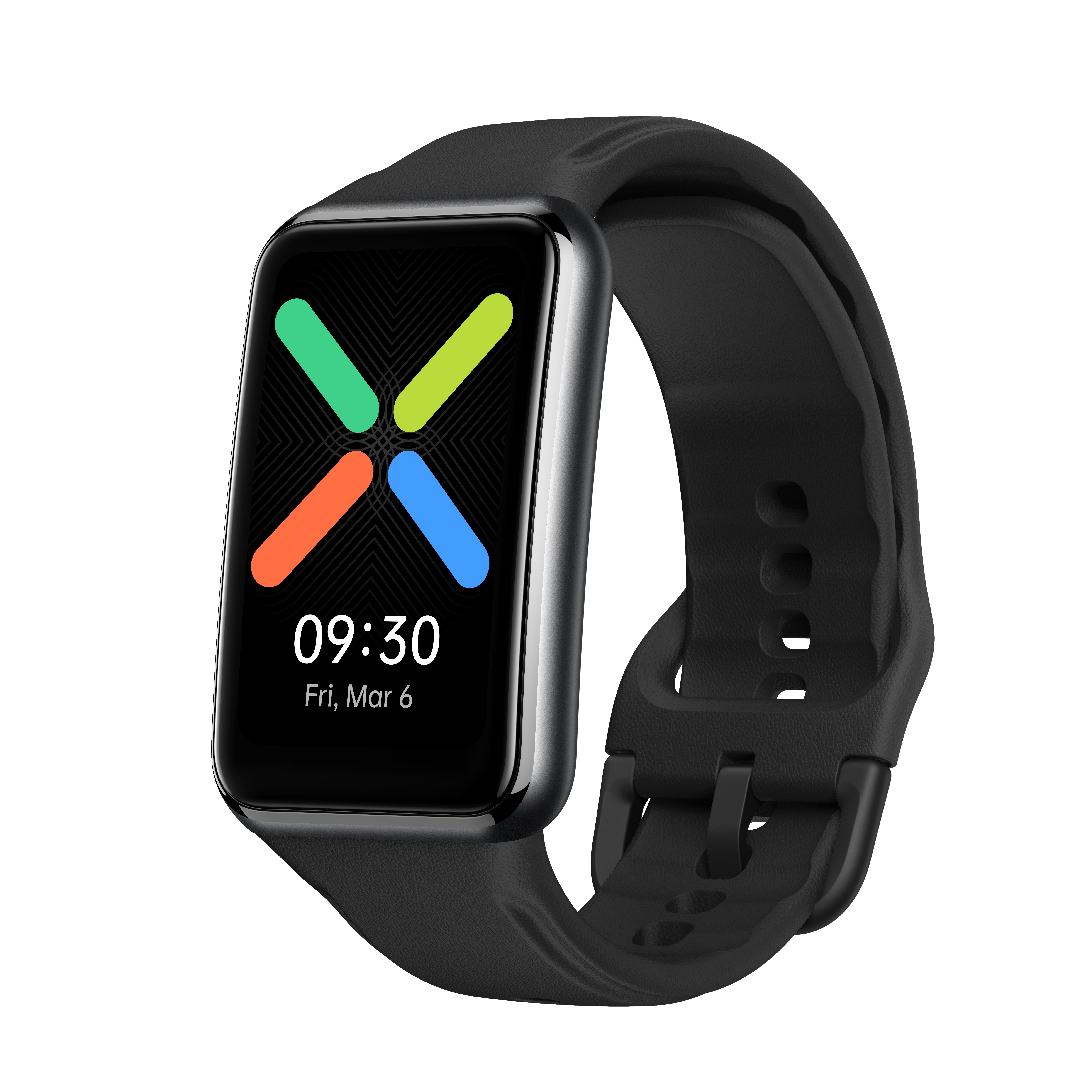 Smartwatch negra con pantalla rectangular mostrando interfaz colorida y hora.