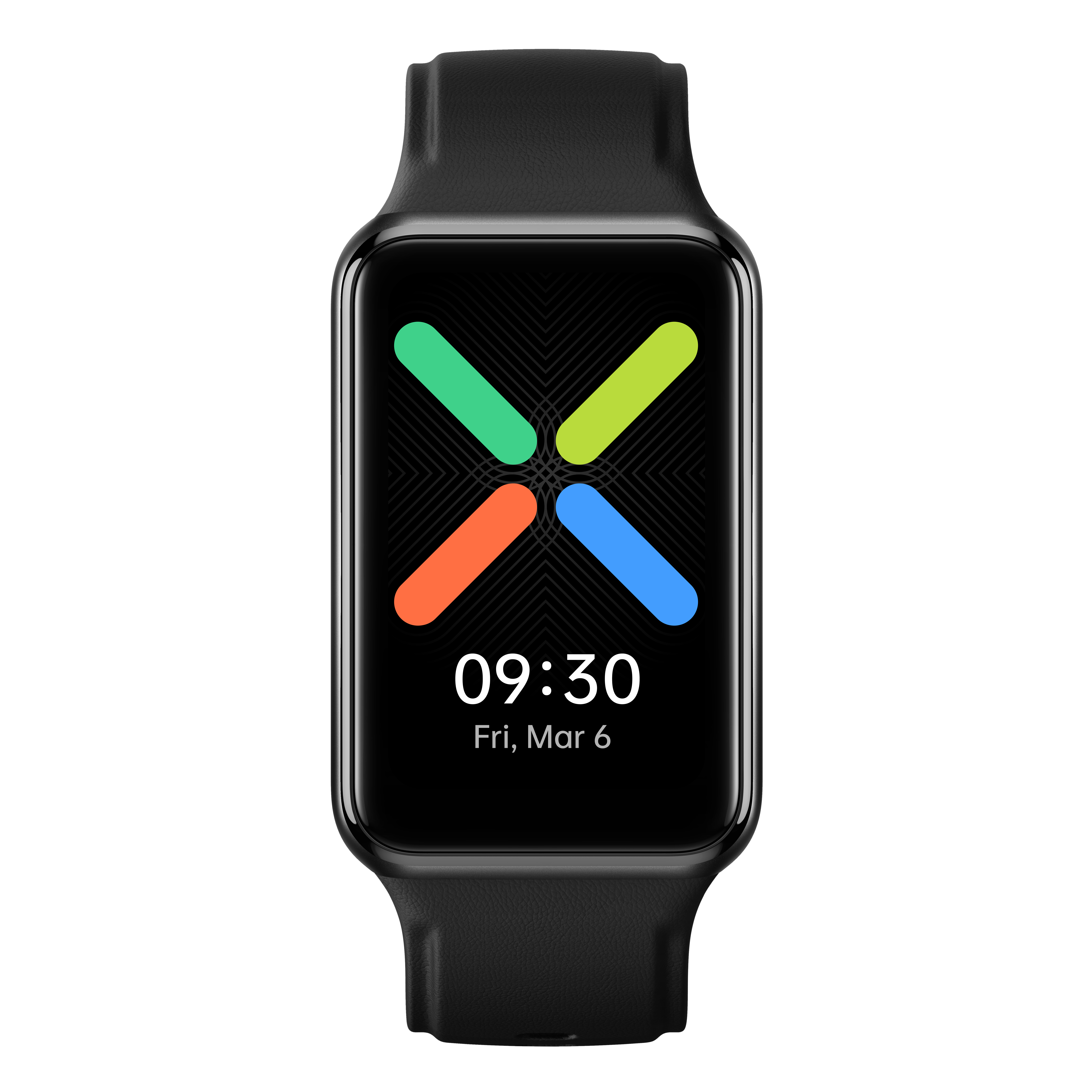 Reloj inteligente negro con un logotipo 'X' colorido en la pantalla. Muestra la hora 09:30. Correa negra.