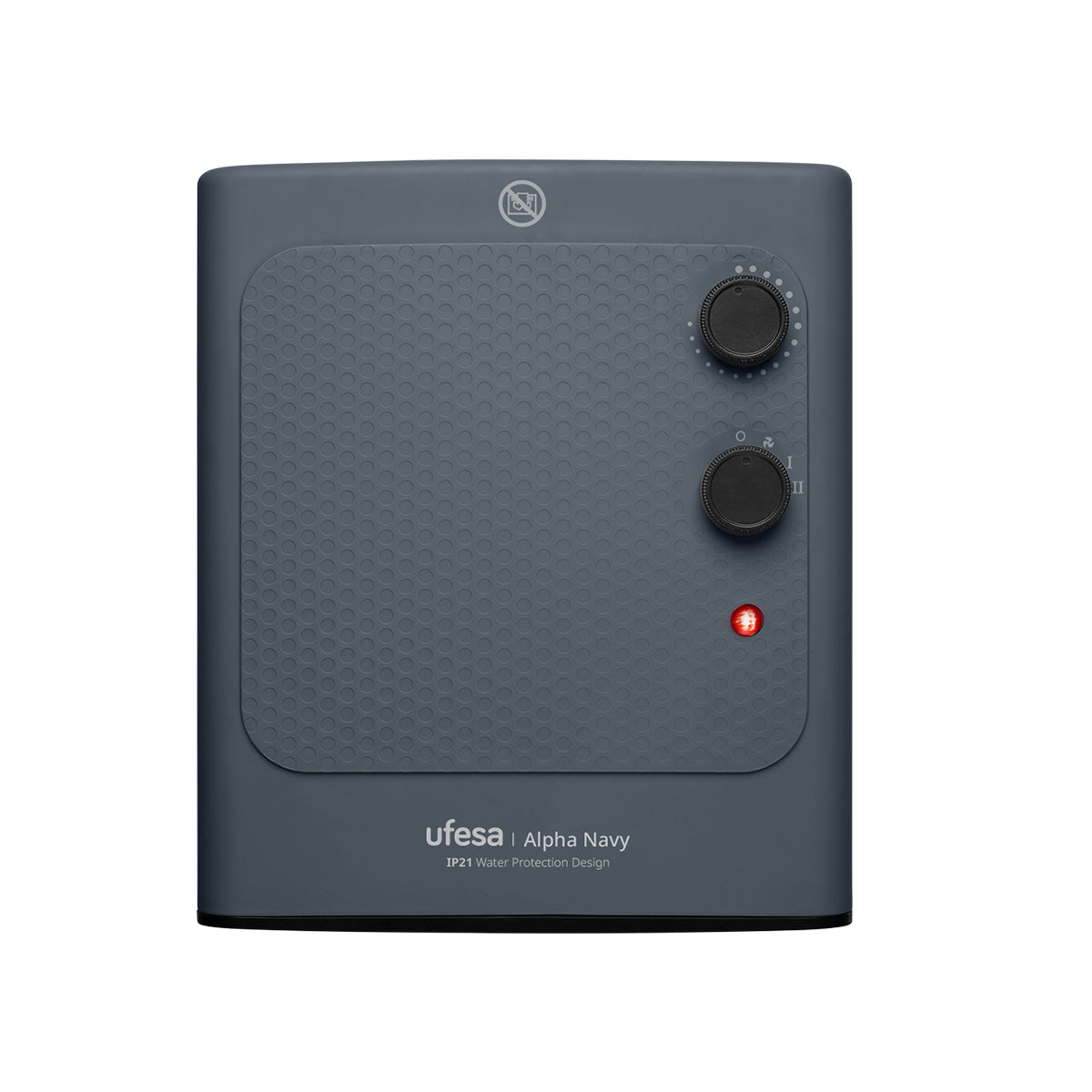 Szary grzejnik Ufesa Alpha Navy z dwoma pokrętłami i czerwoną lampką kontrolną.