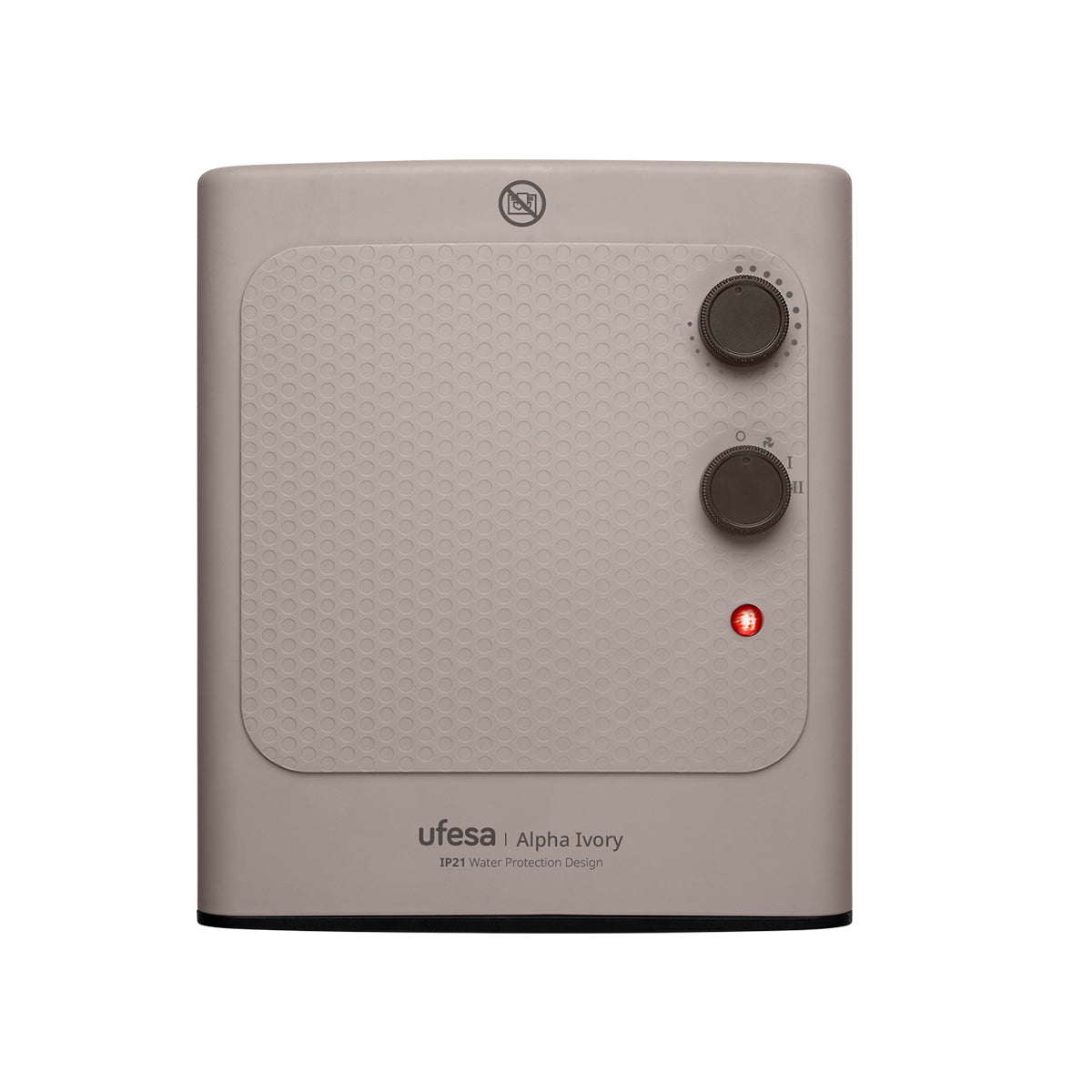 Calentador eléctrico beige con perillas y luz. Tiene un diseño simple.