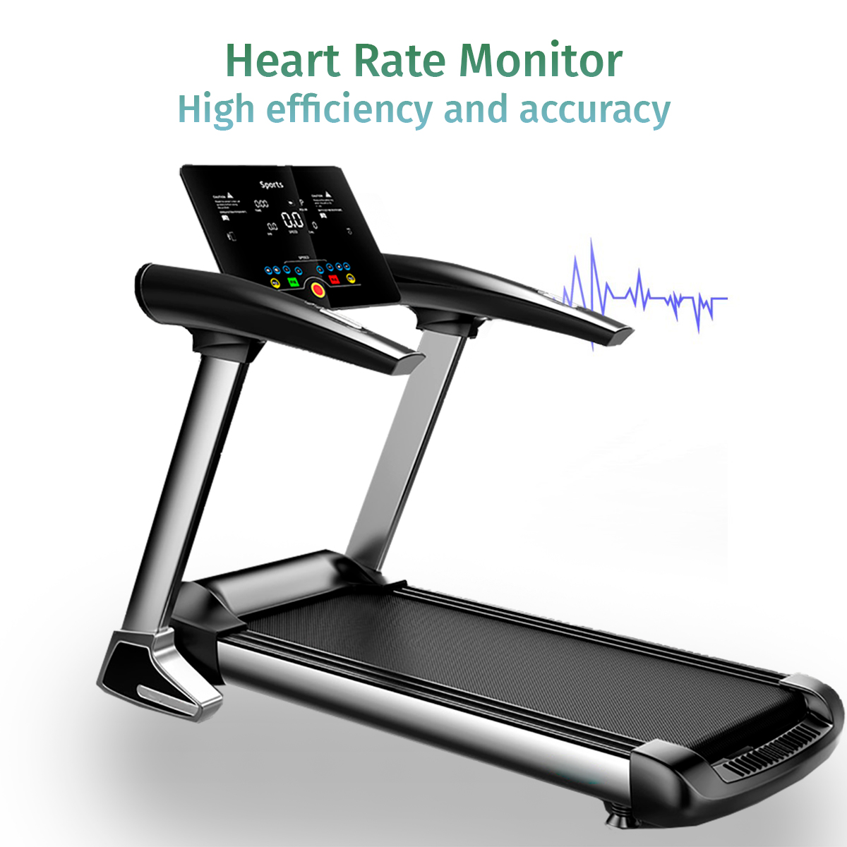 Black treadmill with digital display, blue wave graphic, and text: Heart Rate Monitor, High efficiency and accuracy.