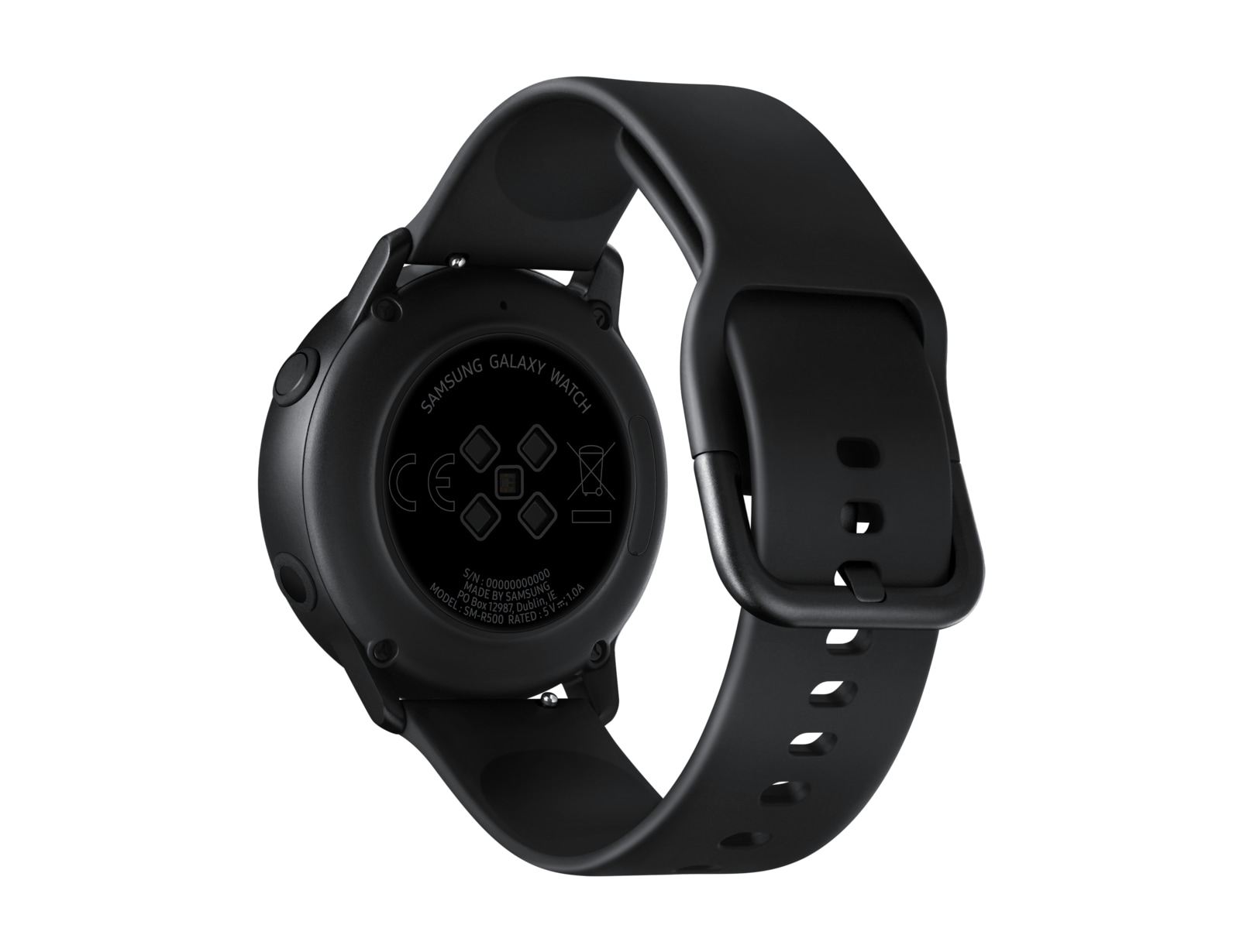 Samsung Galaxy Watch negra, vista trasera, sobre fondo blanco.