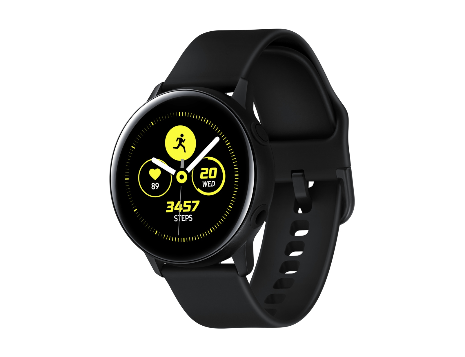 Smartwatch negra con correa negra, mostrando pasos, ritmo cardíaco y hora.
