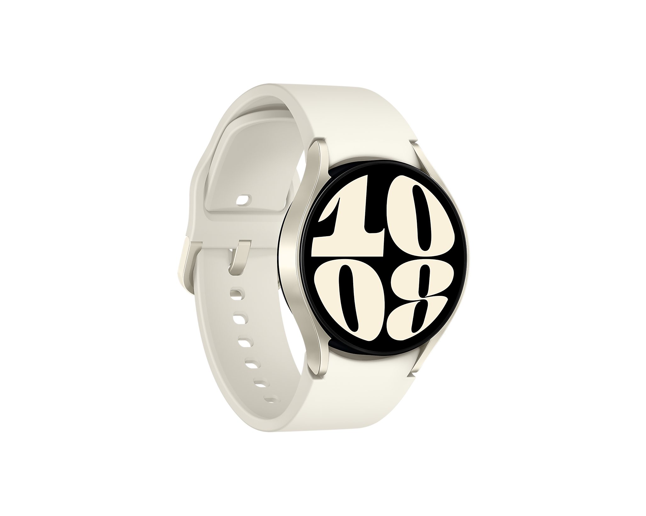 Un reloj inteligente blanco con una pantalla redonda que muestra la hora 10:08.
