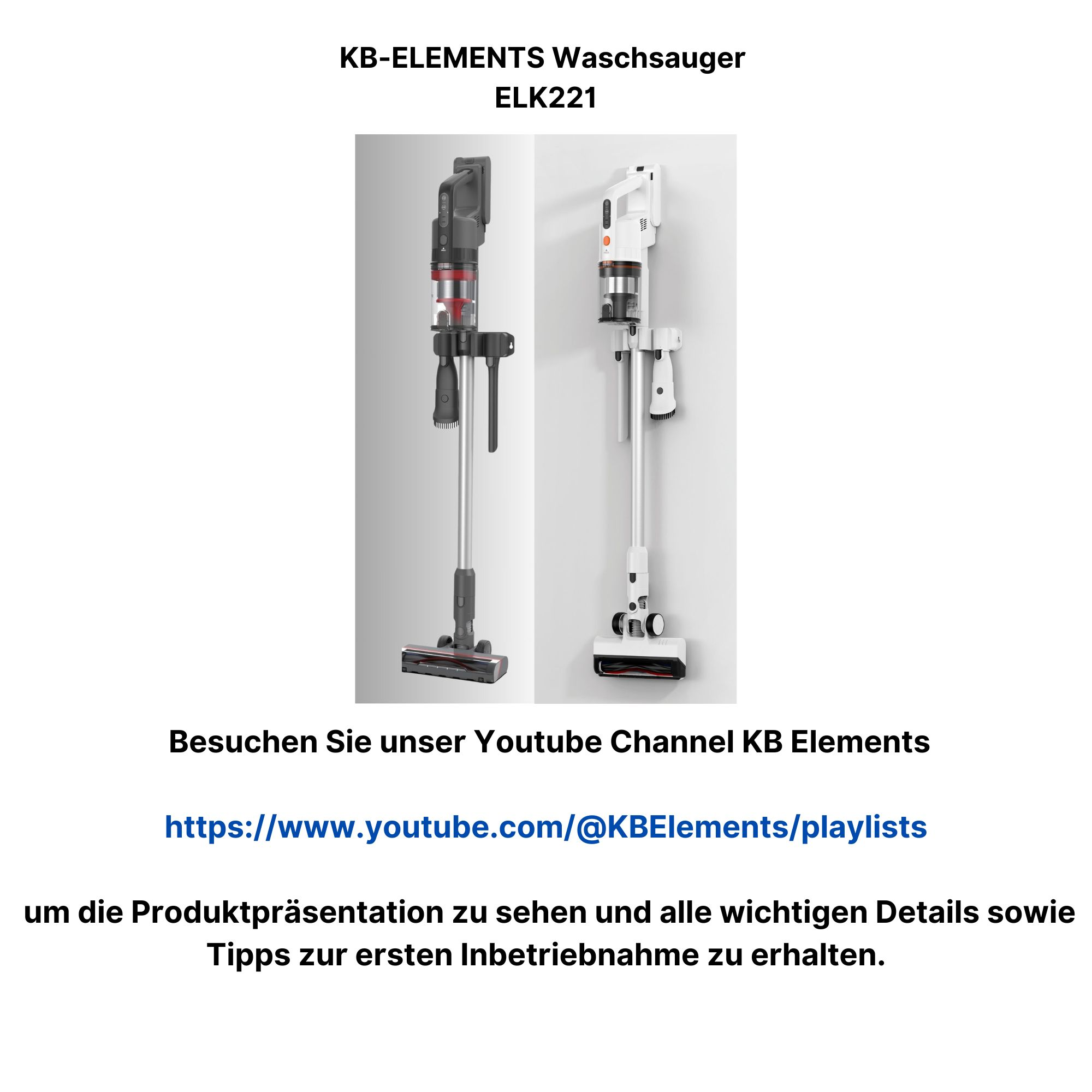 Zwei Staubsauger, schwarz und weiß, mit Text und einem Website-Link.
