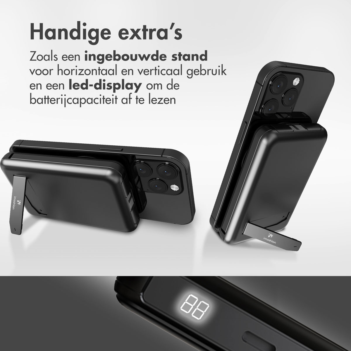 Deux téléphones dans des étuis noirs avec un support intégré, un debout et un couché, avec un écran LED.