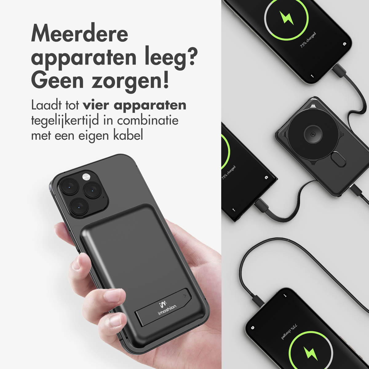 L'image montre des téléphones en charge avec un étui noir Imoshion, affichant l'état de charge et du texte.