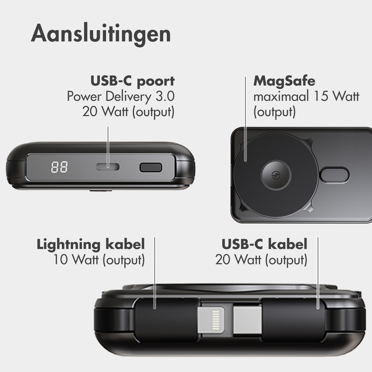 Schéma montrant un appareil noir avec ports USB-C, câble Lightning et MagSafe.