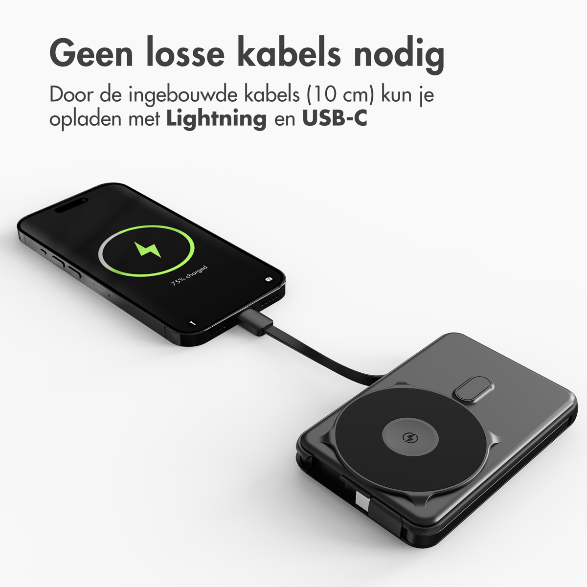 Un téléphone se chargeant sans fil sur un socle, avec le texte « Pas de câbles en vrac » au-dessus.
