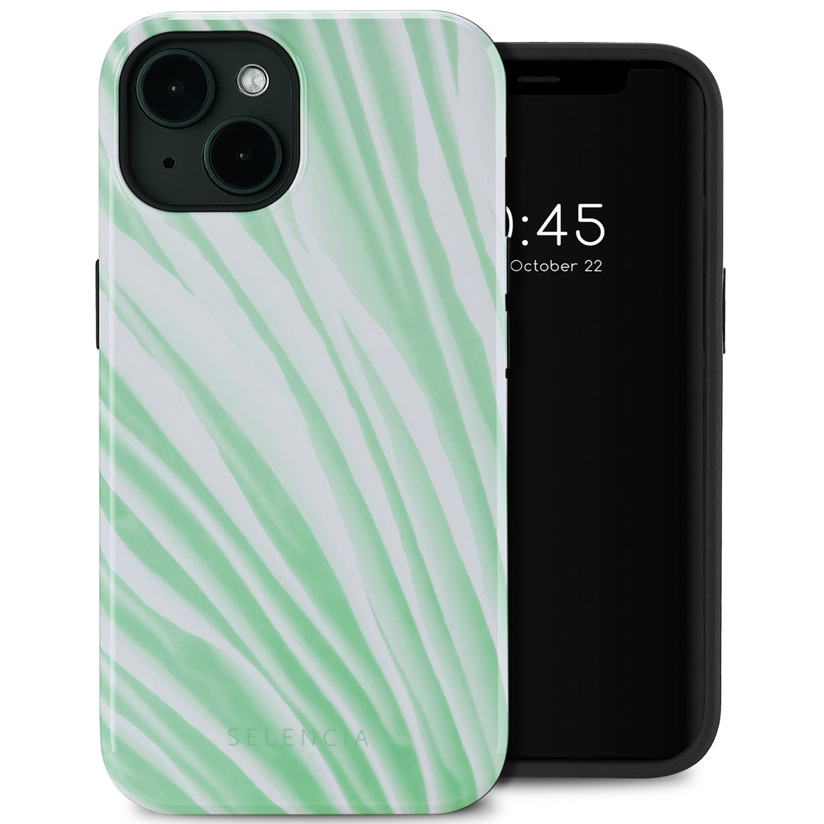 Telefoonhoesje met groen en wit patroon op de achterkant. Zwarte telefoon zichtbaar. Tijd weergegeven.