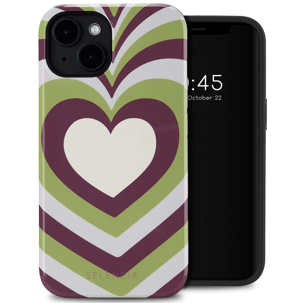 Telefoon met hartpatroon hoesje. Telefoon toont tijd: 1:45 22 oktober.