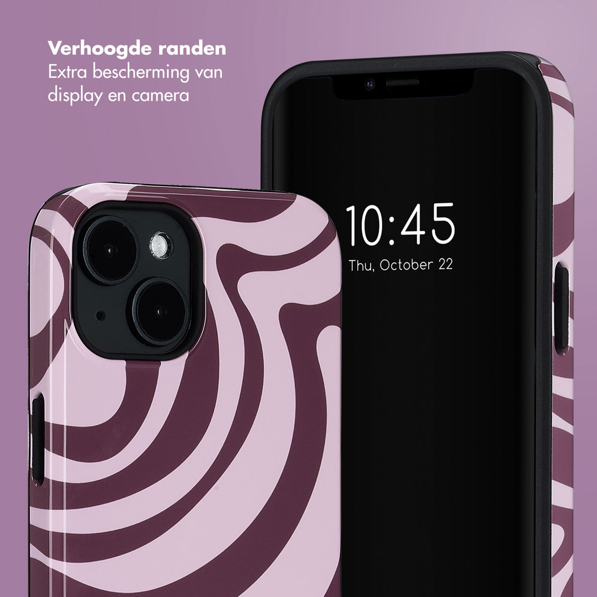 Een telefoon met een hoesje met een golfpatroon. Op het scherm staat 10:45.