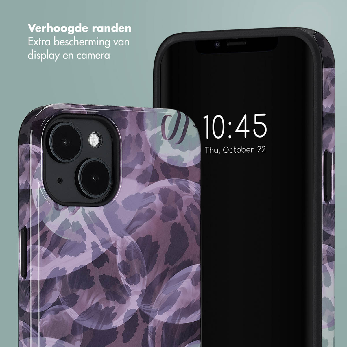 Telefoonhoesje met een paars patroon en een telefoon met een zwart scherm met de tijd 10:45, 22 oktober.