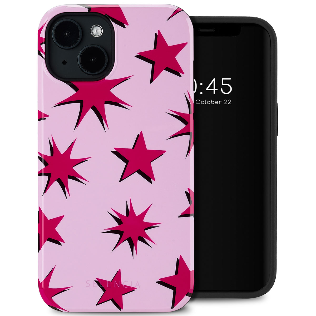 Roze telefoonhoesje met rood sterrenpatroon en zwarte telefoon, tijd.